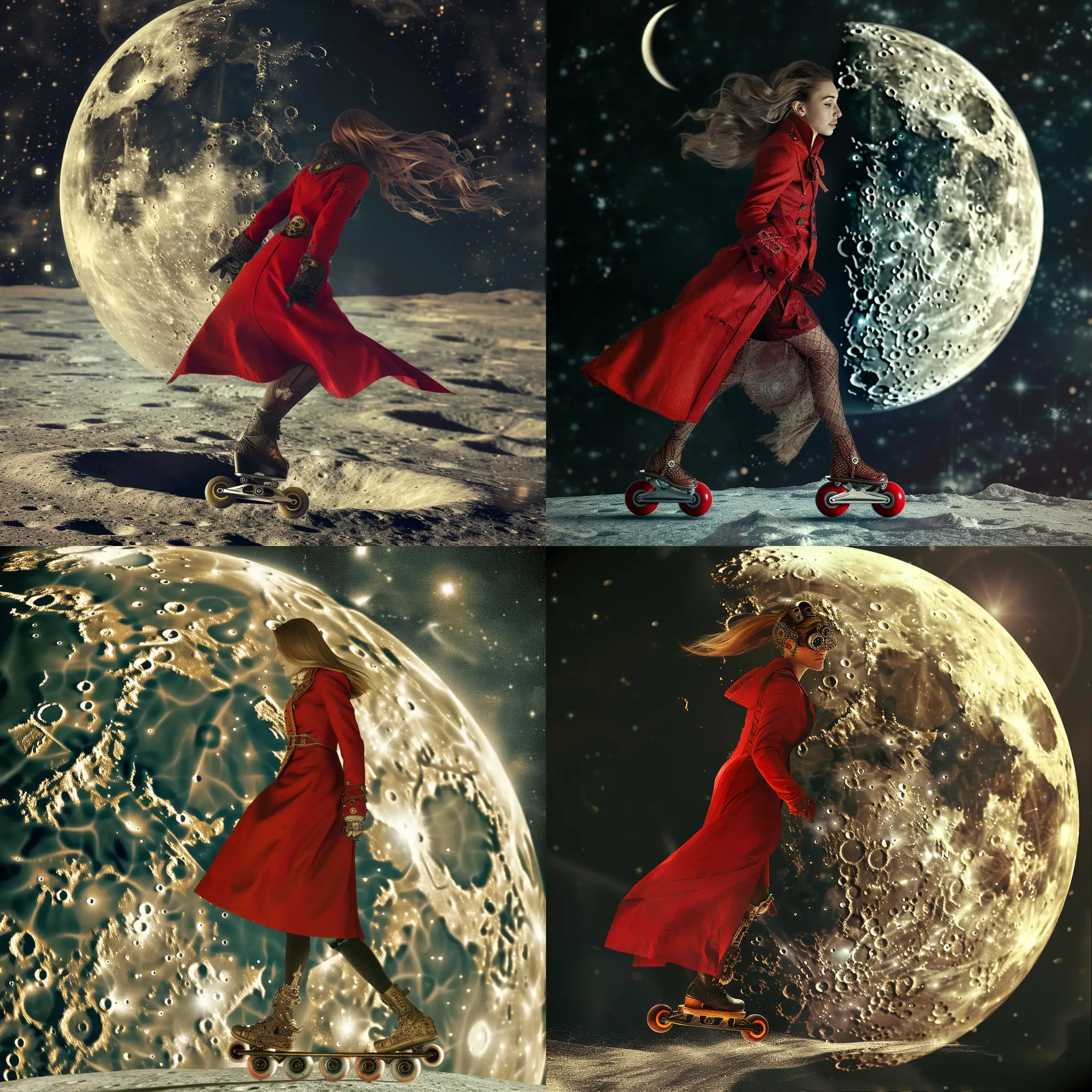 A steampunk woman in a red coat roller skating on the moon. Beautiful magical mysterious etheral highly detailed. Bright surreal