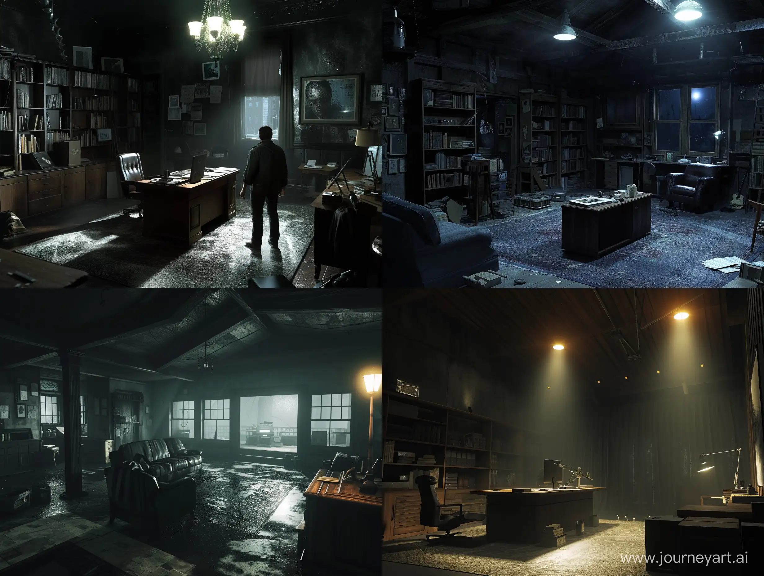alan wake writers room, realistic, dark dramatic lighting