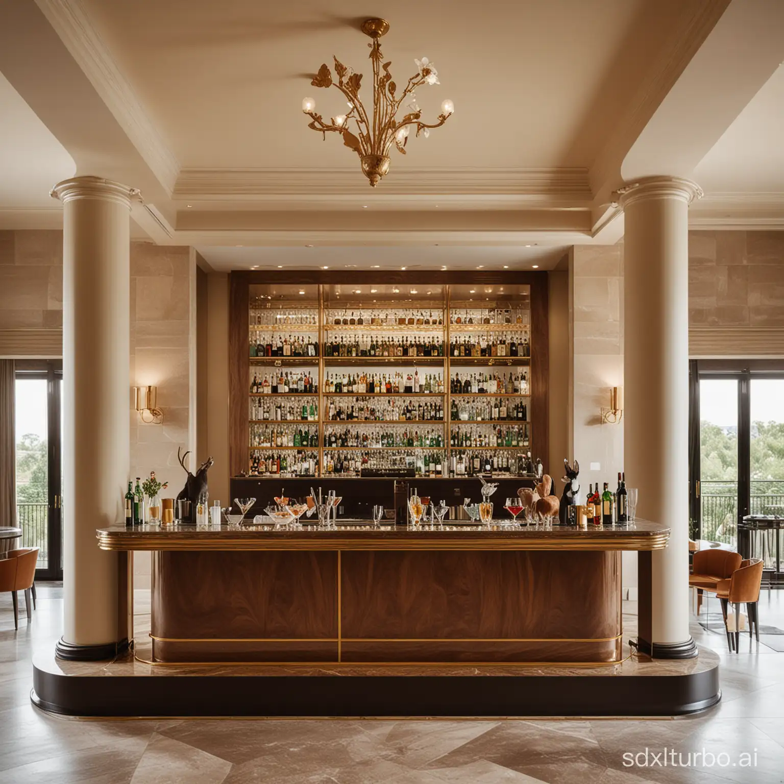 A luxury drinking bar in a luxury hotel, with some animals having drink