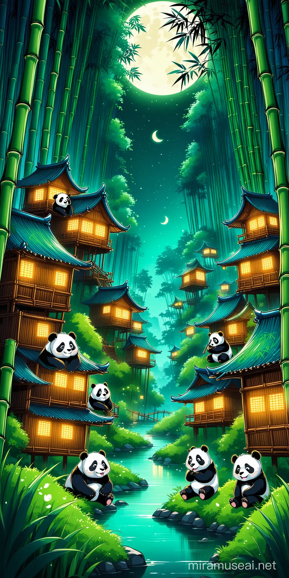 Cartoon Panda Family in Bamboo Forest at Night