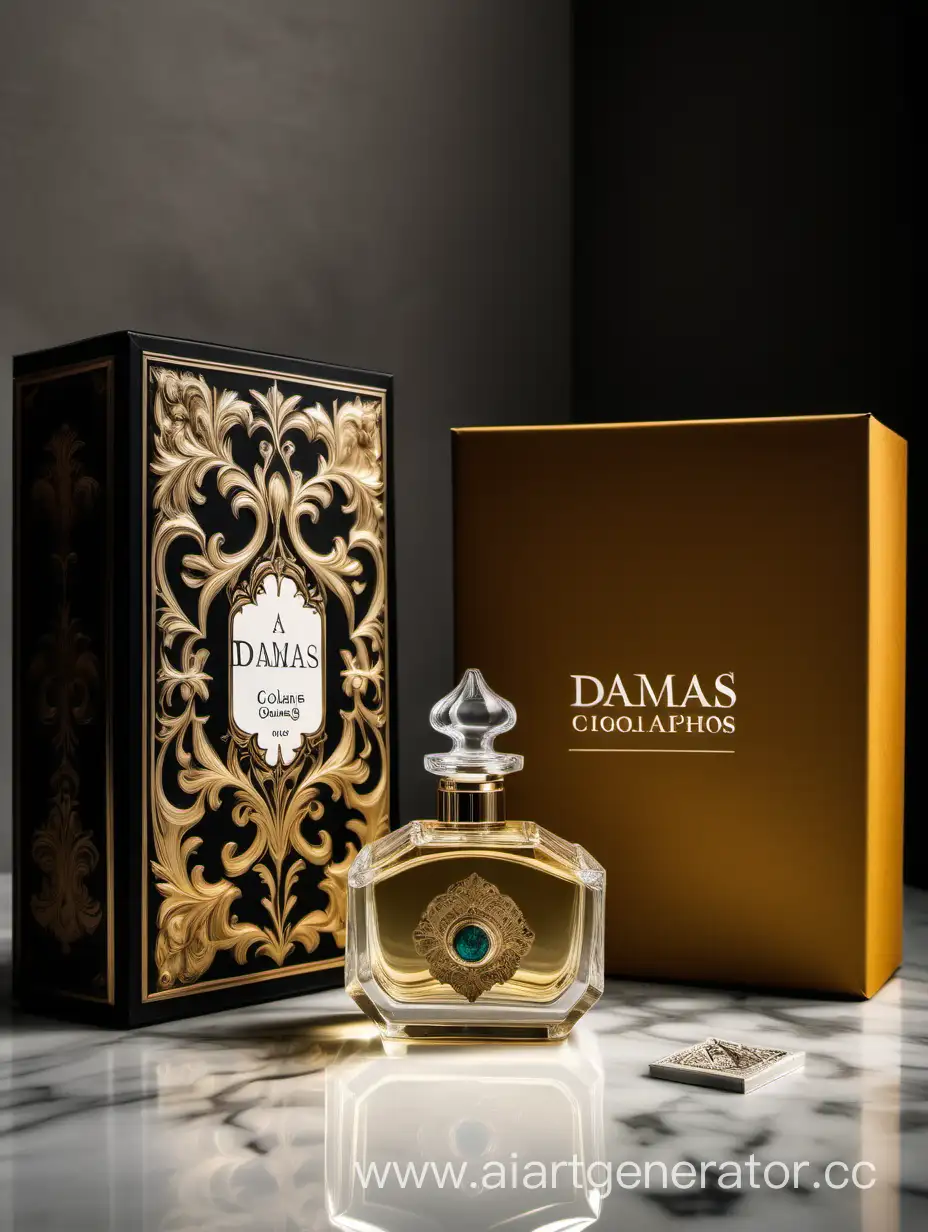 a bottle of damas cologne sitting next to a box, a flemish Baroque by Demetrios Farmakopoulos, instagram contest winner, dau-al-set, dynamic composition, contest winner, feminine