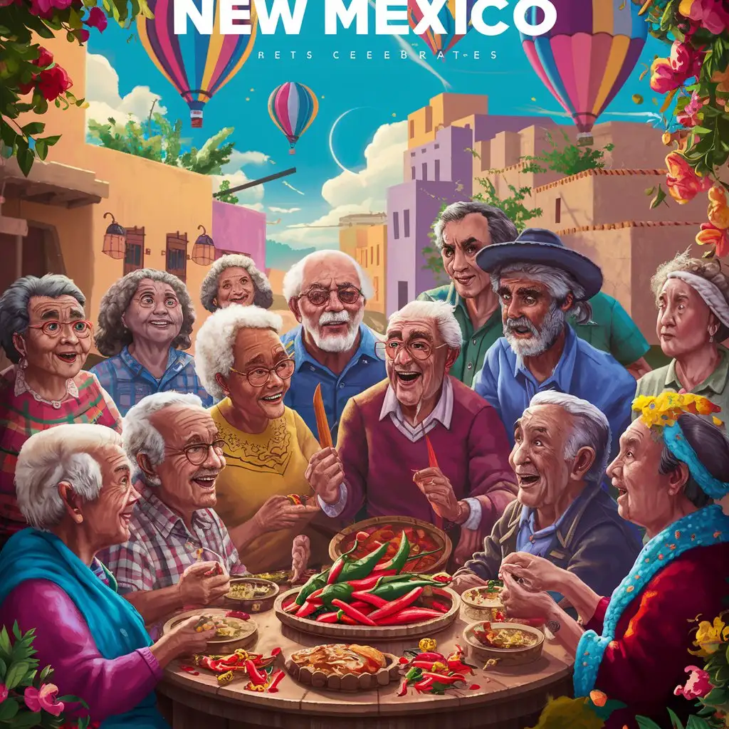 poster style, elderly people celebrating in New Mexico, hotair balloons, adobe buildings, chile, having fun, celebration. 