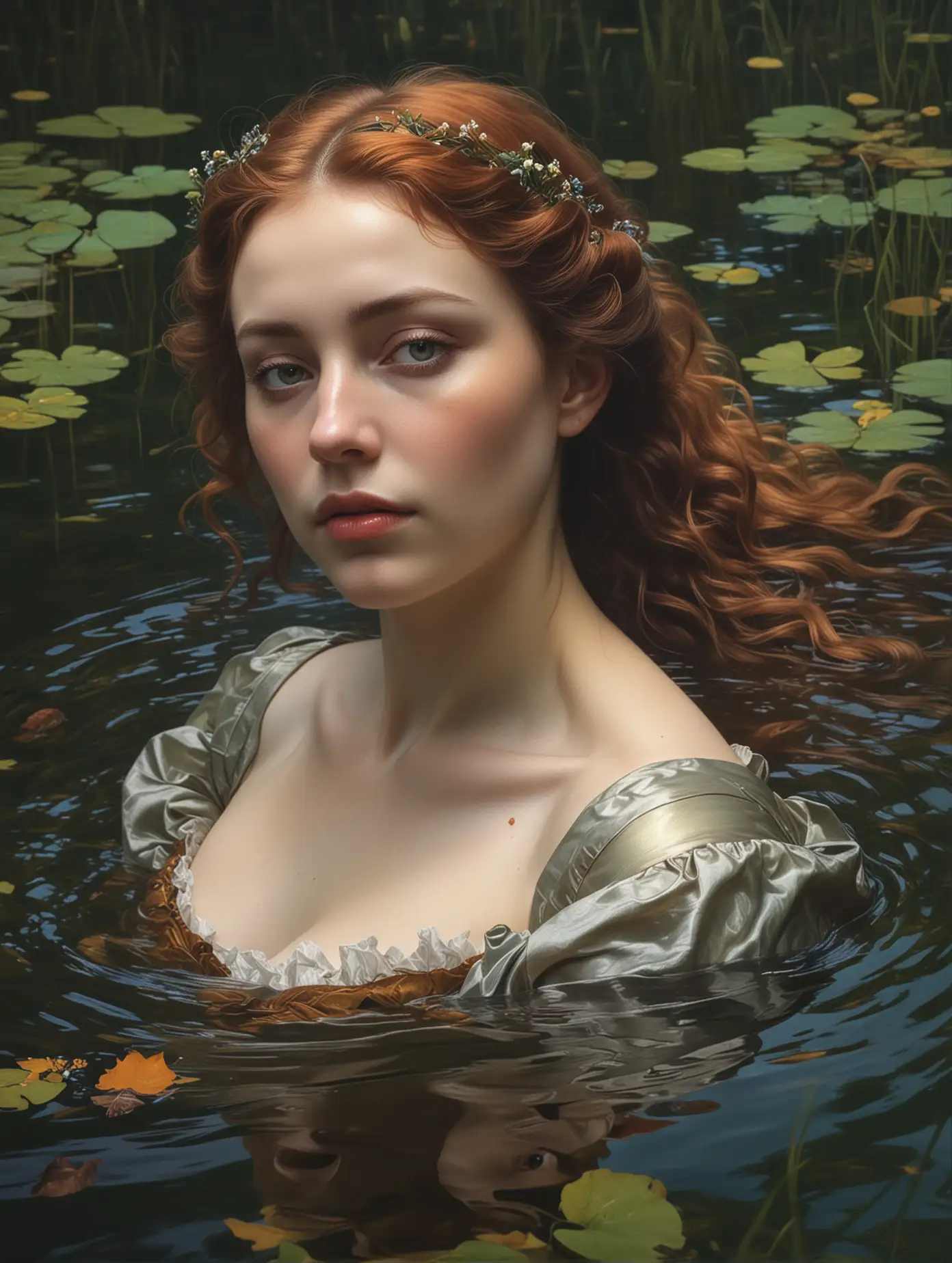 Ophelia's dream, close up of lady in the lake, Low saturation colour photography, Warm Lighting Style, vintage, top light, masterful painting in the style of John Everett Millais, | Marco Mazzoni | Yuri Ivanovich, Todd McFarlane, Aleksi Briclot, oil on canvas, highly detailed