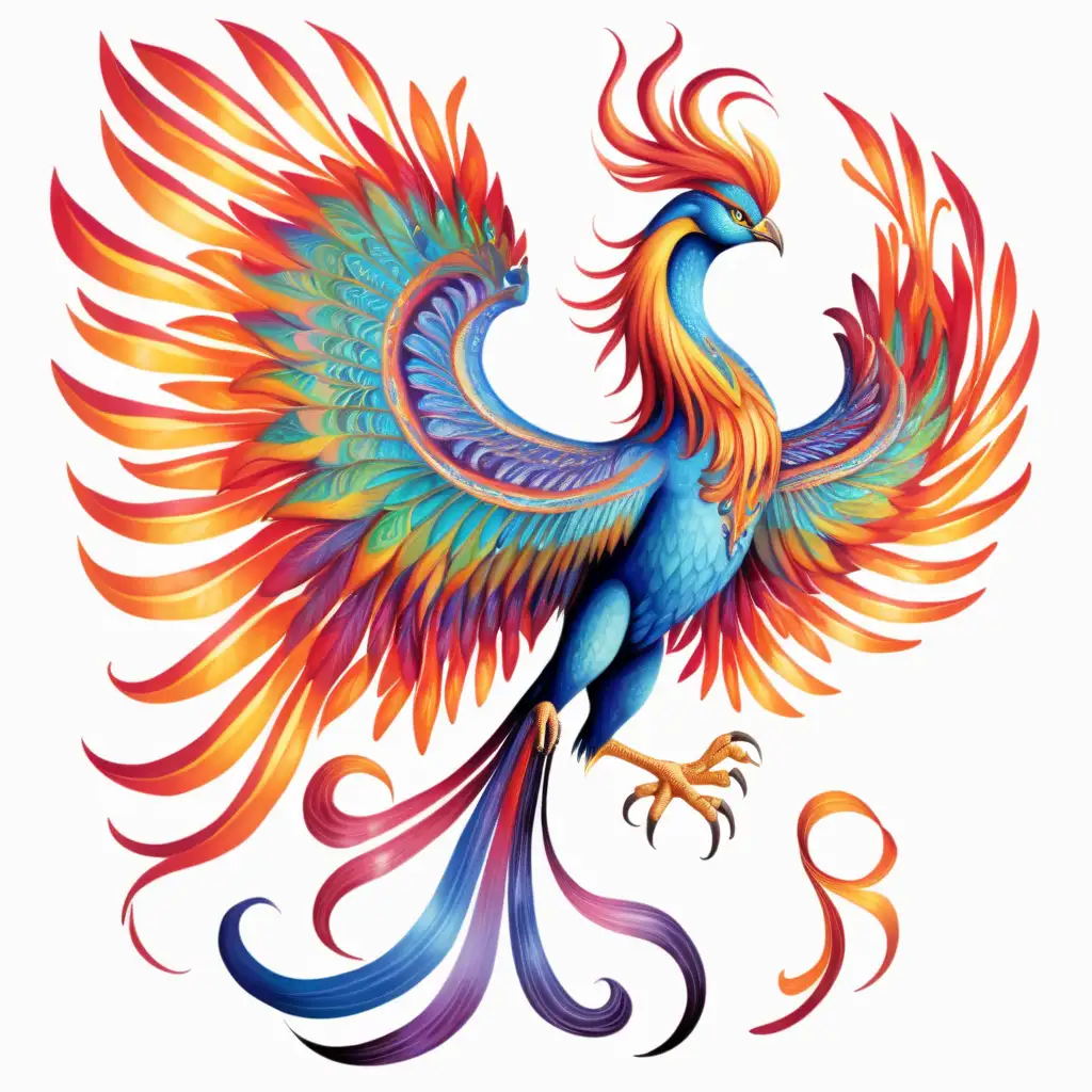 majestic, multicolor phoenix, on white background