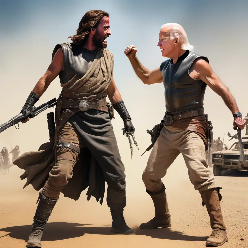 Epic Battle Jesus and Joe Biden Clash in Mad Max Attire