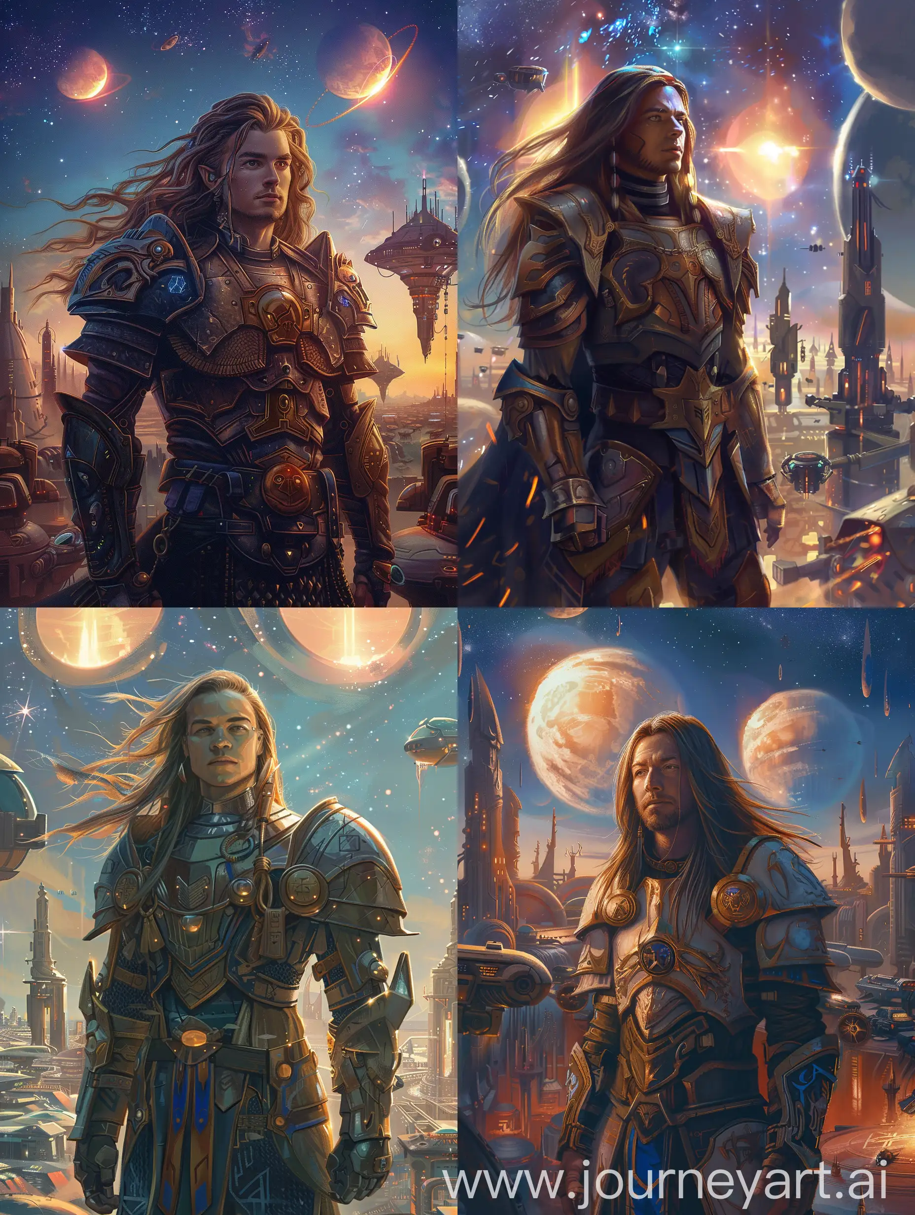 A portrait of Thorgal as a young warrior from an advanced alien civilization, standing proud in his traditional yet futuristic armor, under the glow of two alien suns. His features are noble and stoic, with long hair flowing in the alien wind, embodying both the warrior spirit and otherworldly elegance. His background is a sprawling alien cityscape, with towering spires and floating vehicles, under a star-filled sky. Created Using: digital painting, cinematic lighting, hyper-detailed textures, dual-tone lighting, sci-fi aesthetics, vibrant colors, intricate armor design, deep space ambiance --ar 3:4 --v 6.0