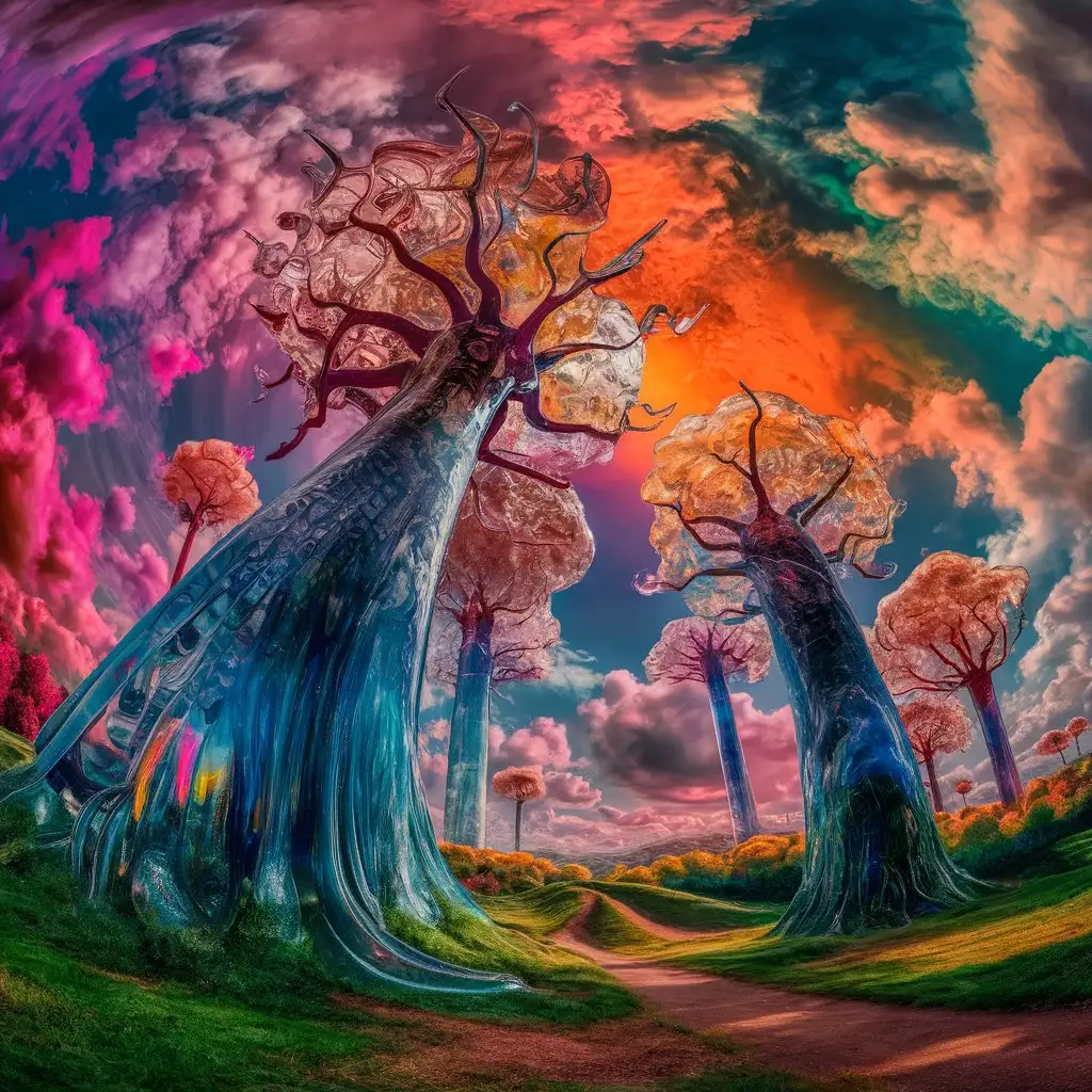 A surreal landscape where the trees are made of glass and the sky changes colors every hour.