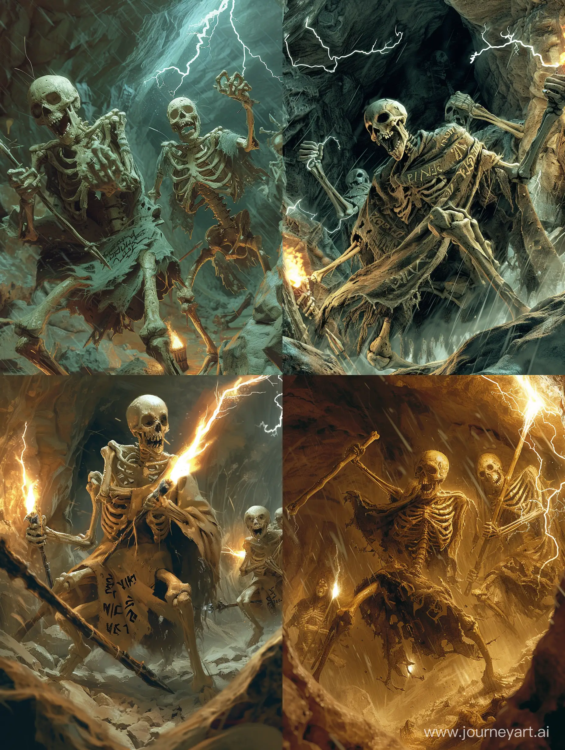 Living skeletons with torn robe,in a cave-like place underground,Lightning bone weapons,runic script on bones,attacking,Angry,torches that give light to the environment,intricate,incredible detail,terrifying,Digital Art,Imaginary image,fantasy.