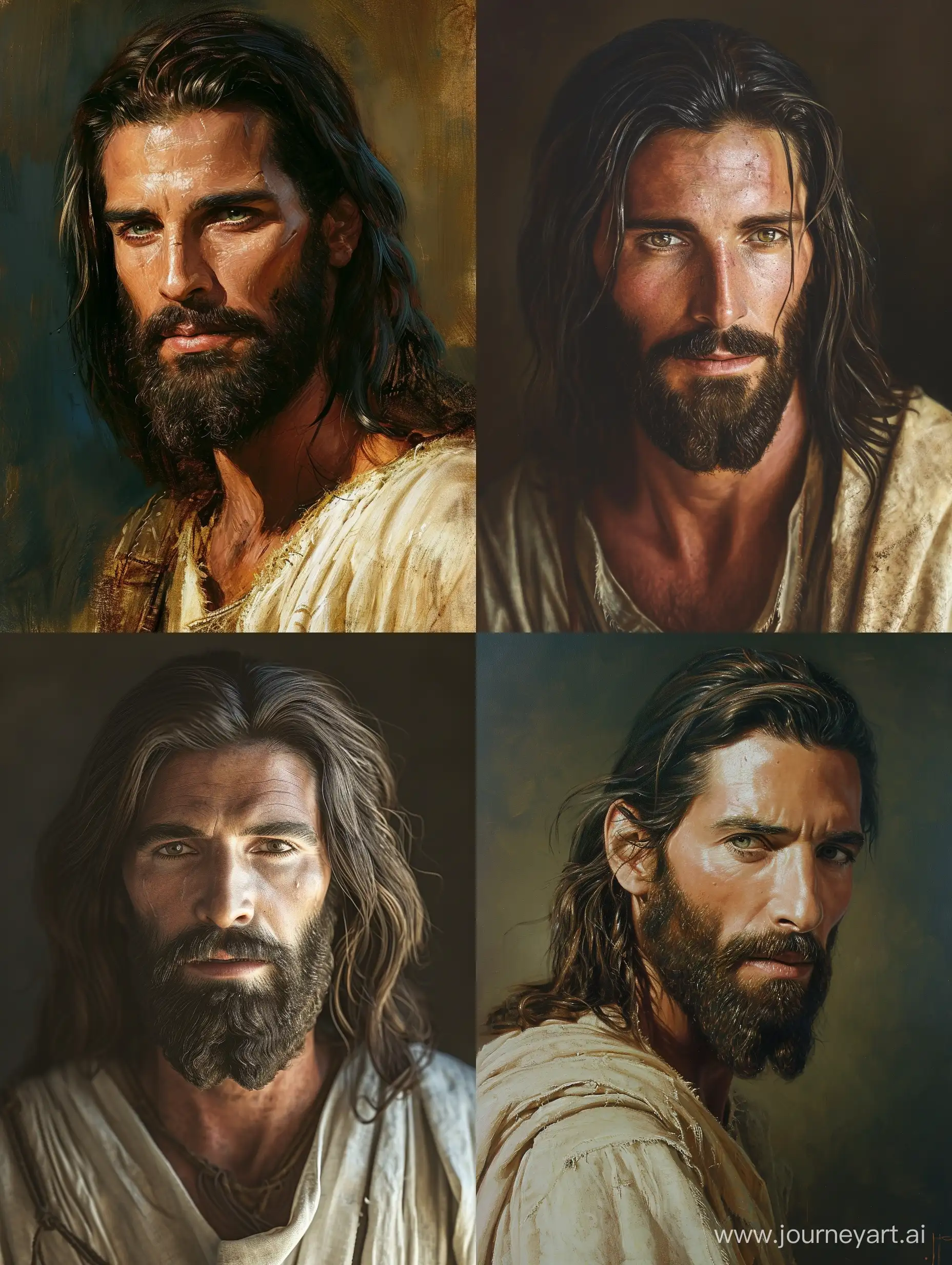 Envision a portrait that captures the essence of Jesus of Nazareth with realism and reverence. Jesus has a serene expression, reflecting wisdom and compassion. His eyes convey a depth of understanding, and his beard and long hair are meticulously detailed. The facial features exhibit a combination of strength and gentleness, reflecting his divine and human nature.
The clothing could consist of traditional garments worn during the historical period, with attention to textures and folds. The overall atmosphere of the portrait should evoke a sense of humility and grace.
Consider incorporating soft, natural lighting to enhance the realism of the scene, allowing shadows to highlight the contours of his face. Attention to realistic details, such as skin texture and subtle expressions, will contribute to the authenticity of the portrayal.
Ultimately, the goal is to create a dignified and respectful representation of Jesus of Nazareth, focusing on the humanity and divinity that is integral to his persona.