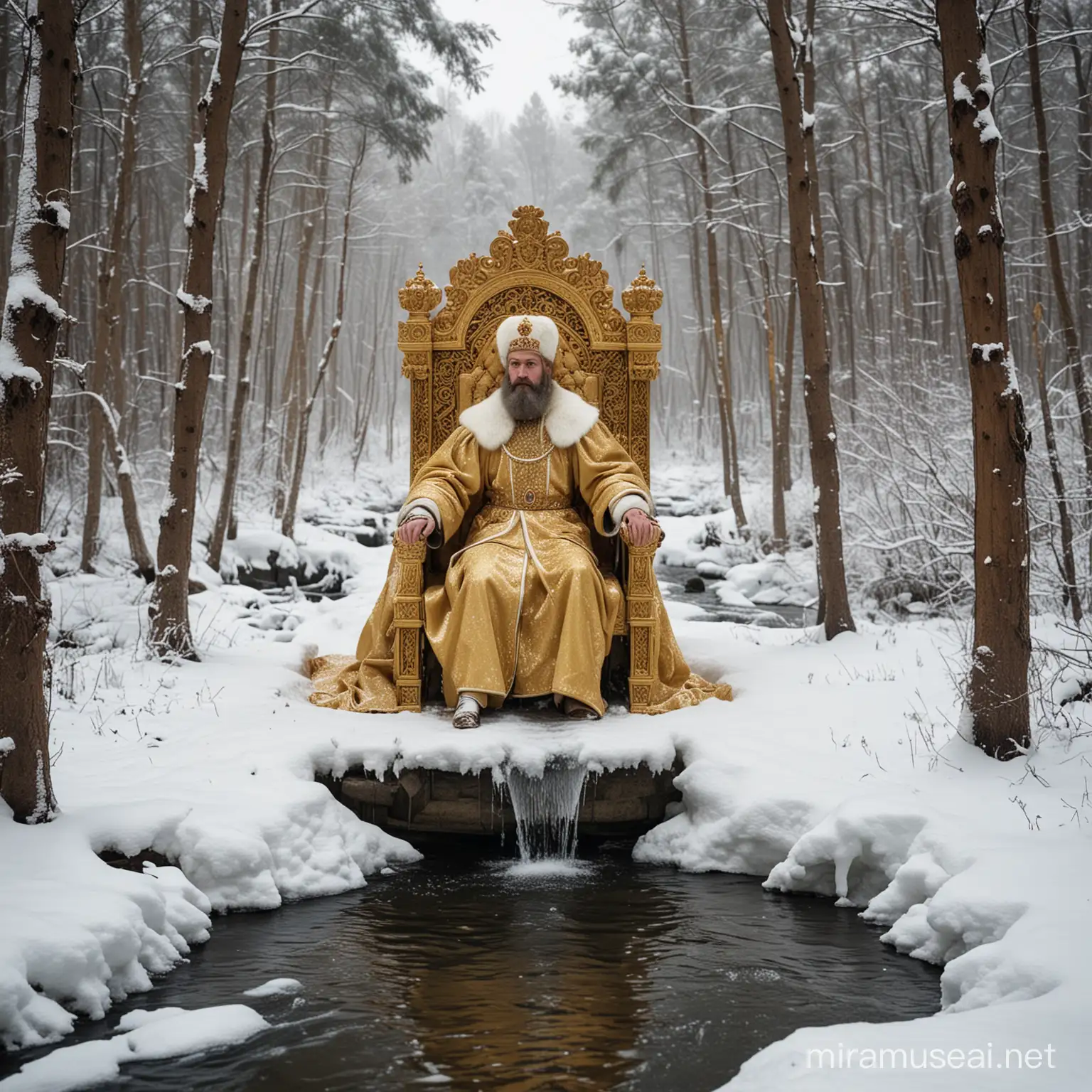 Zar de Rusia sentado en su trono dorado en un claro del bosque nevado, detras de arroyo con pescados saltando fuera del agua
