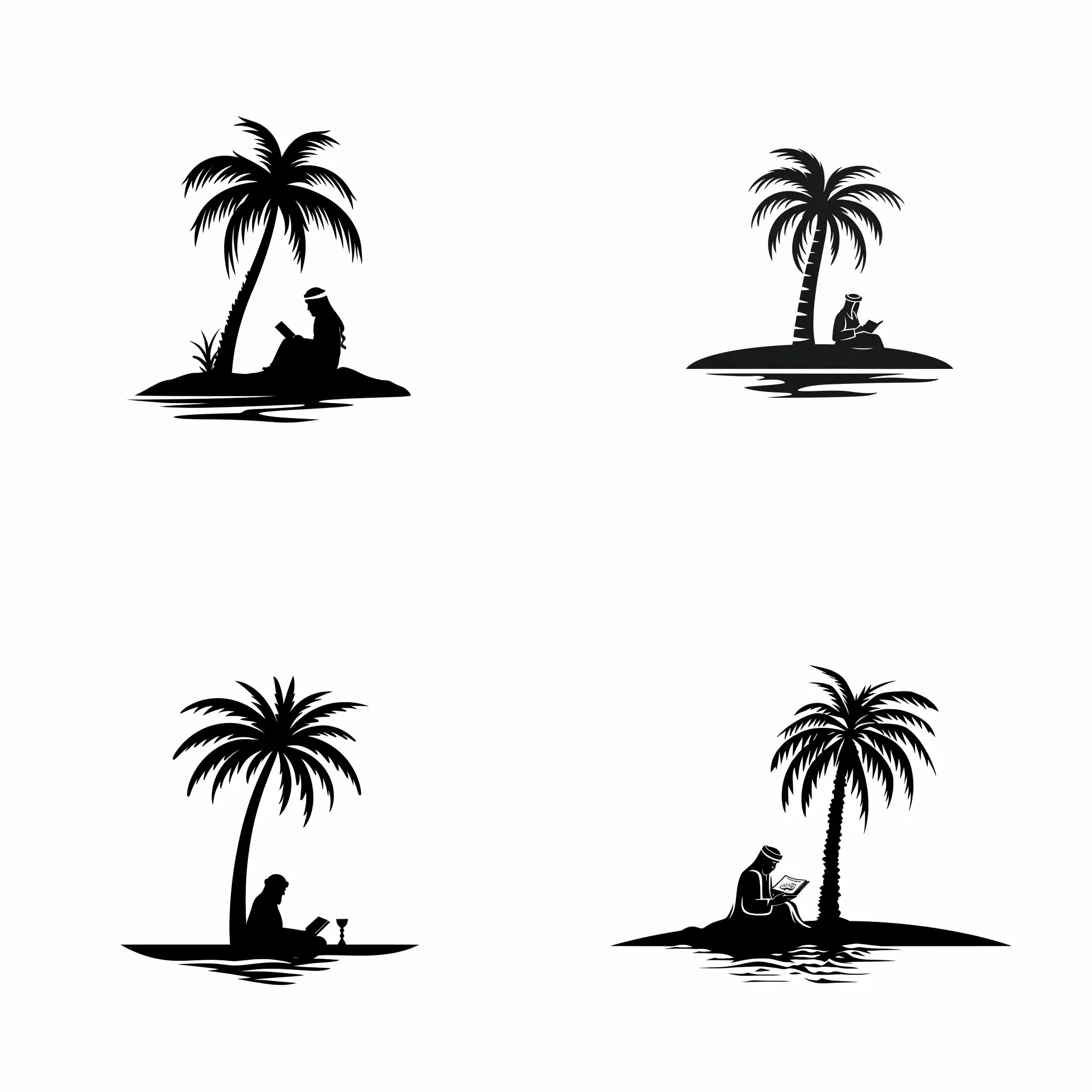 A simple logo of a Middle Eastern Bedouin reading a book under a palm tree in an oasis. Make the background all white and the guy, palm tree, and the whole oasis black. Maybe add water near him. --v 6 --ar 1:1 --no 64307