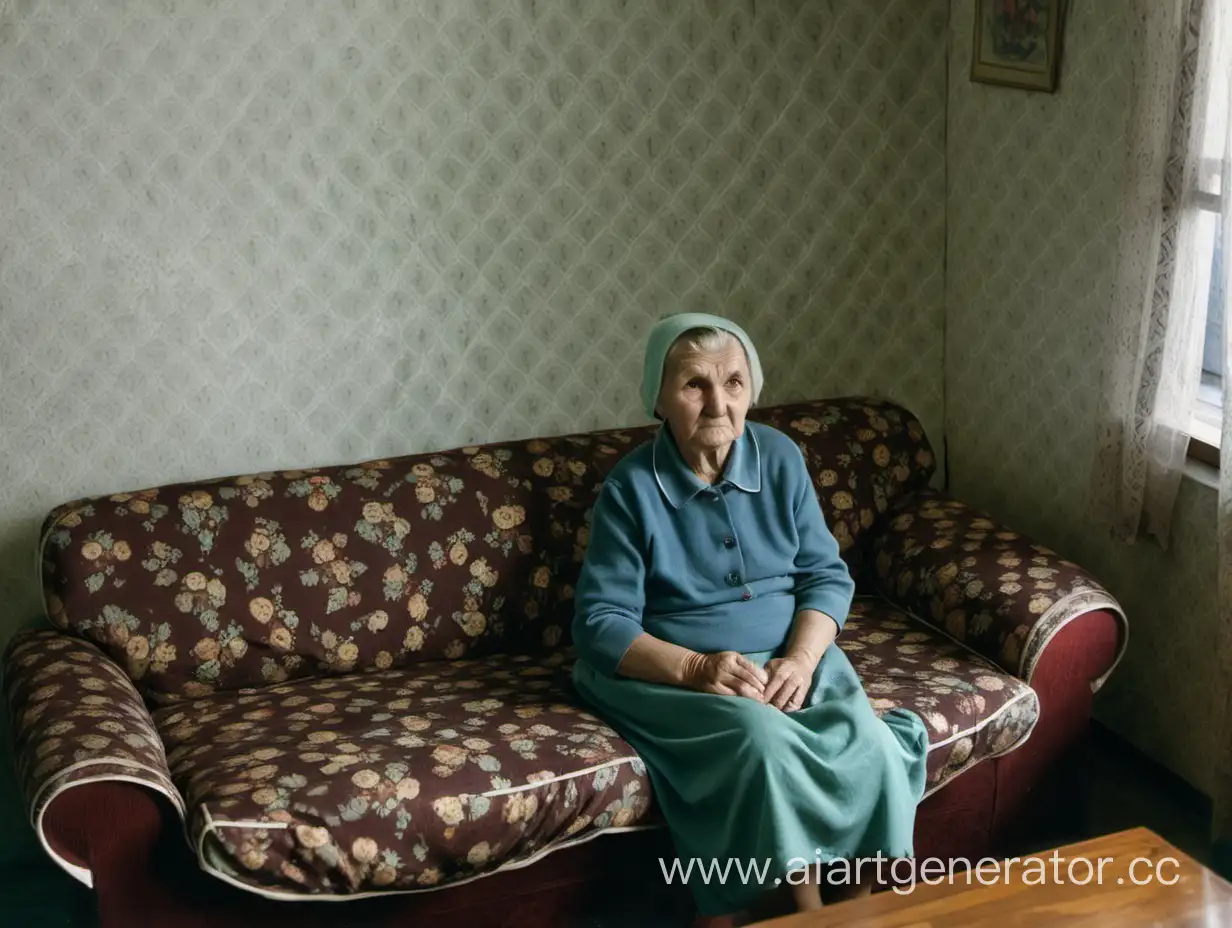 Квартира в  СССР, на диване сидит бабушка