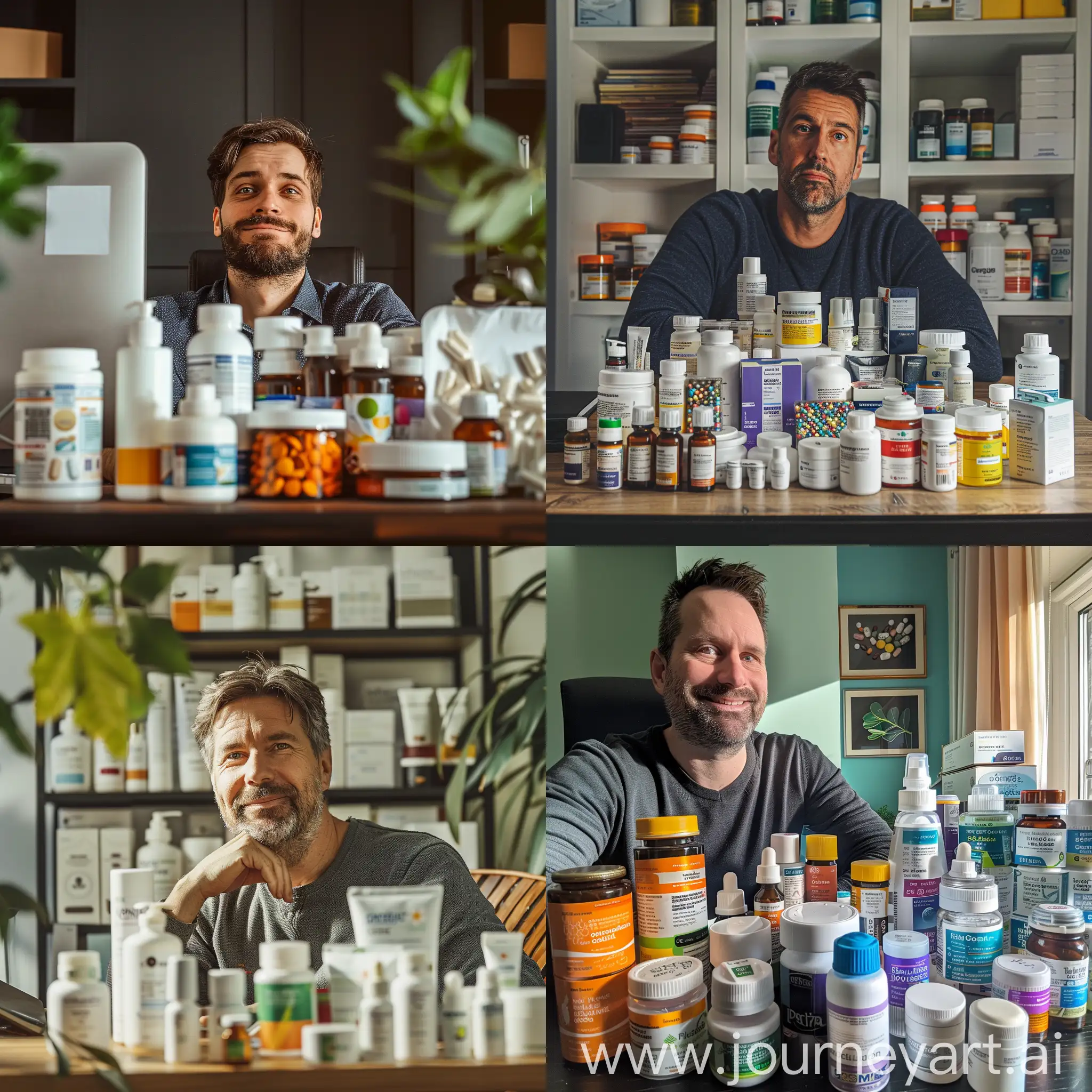 Healthy-Living-Man-Relaxed-with-Assorted-Health-Products-on-Desk