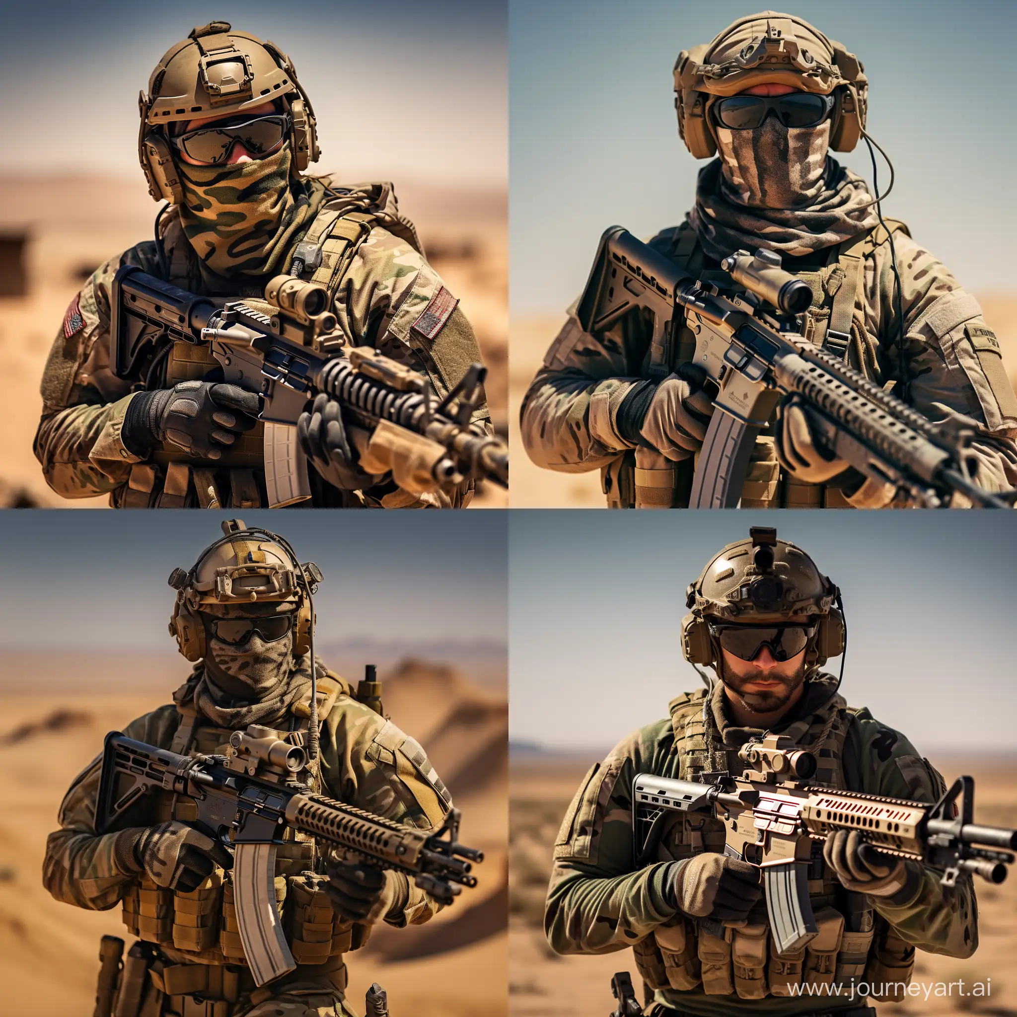Военный армии США в пустнынной форме, балаклаве с очками и оружием M4A1