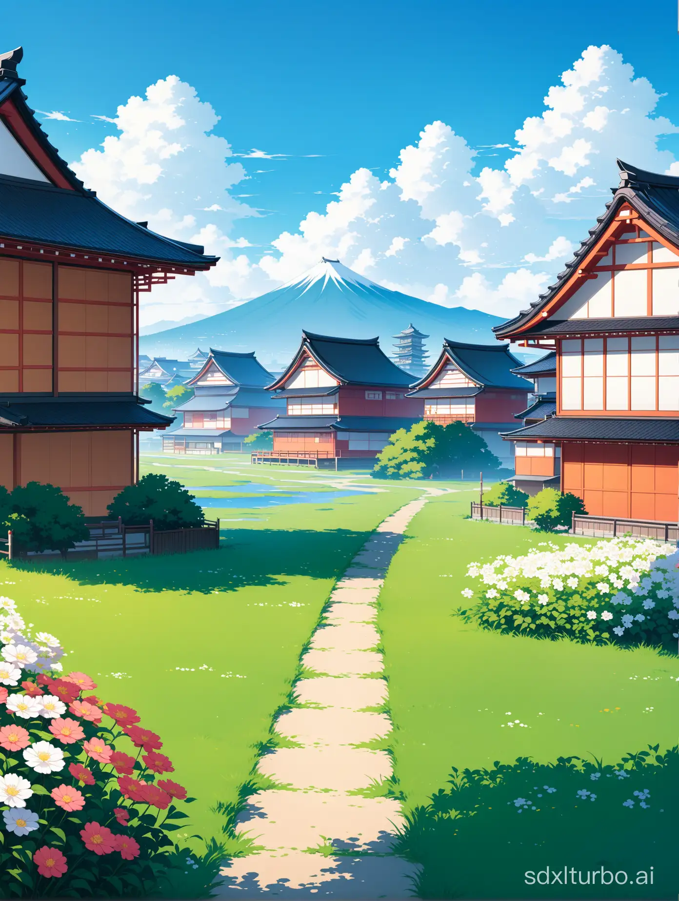 Mobile wallpaper, high-definition version, Japanese fresh, minimal, with grass, flowers, blue sky, and houses