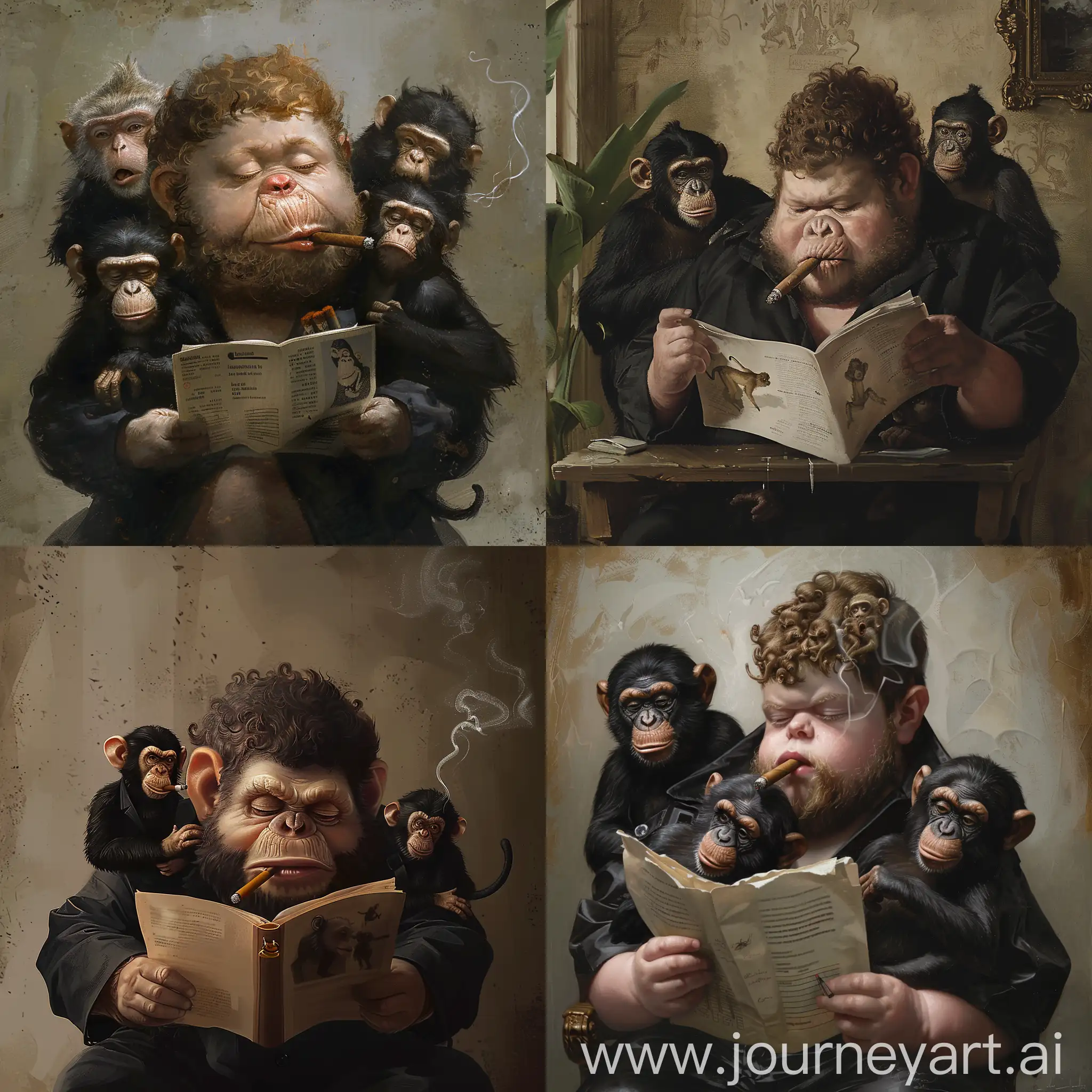 Полный мальчик с бородой ростом 160 читает доклад обезьянам в черной одежде с сигарой во рту