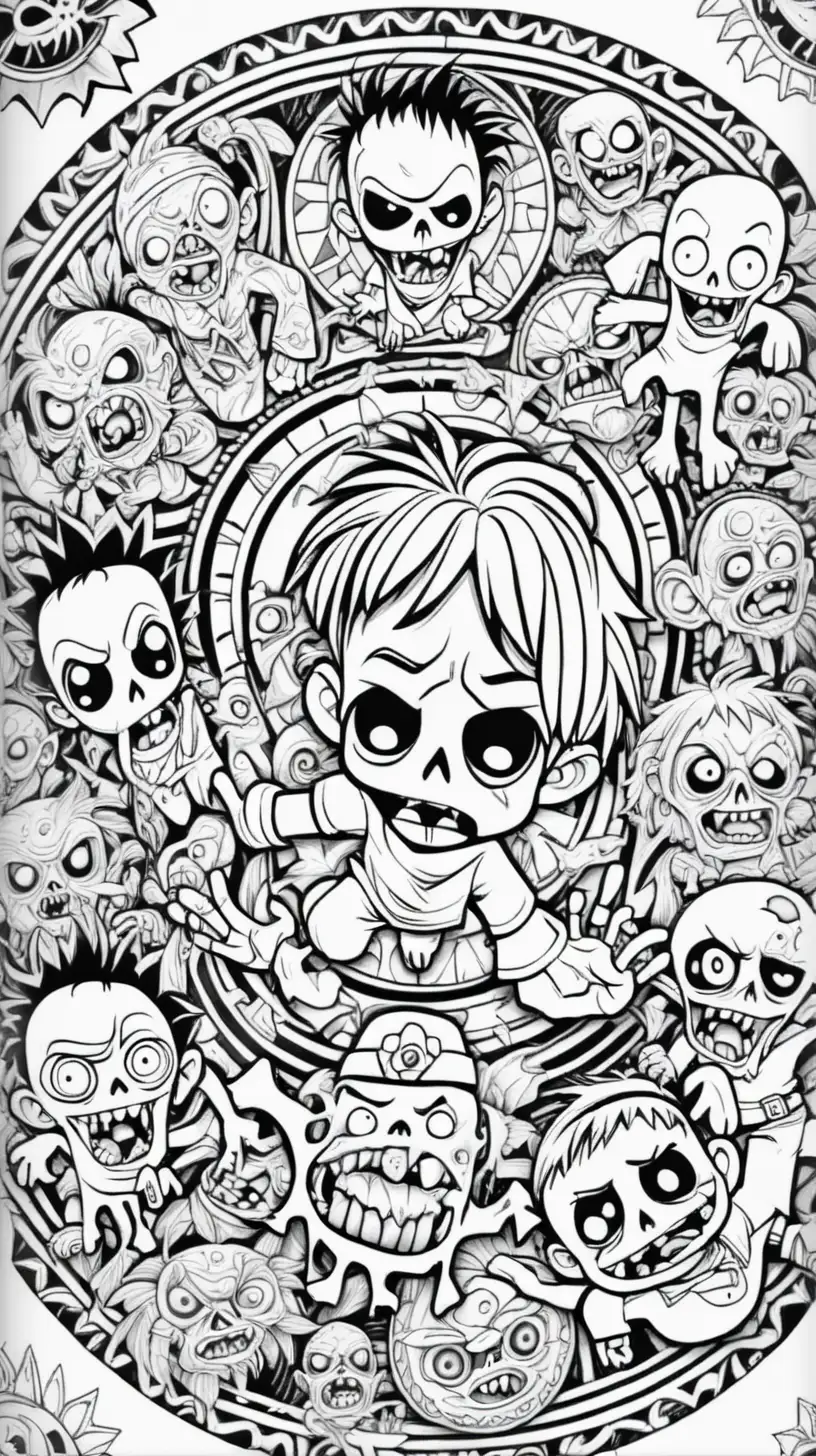 coloring book image, black and white image, of cute funny zombies mandalas