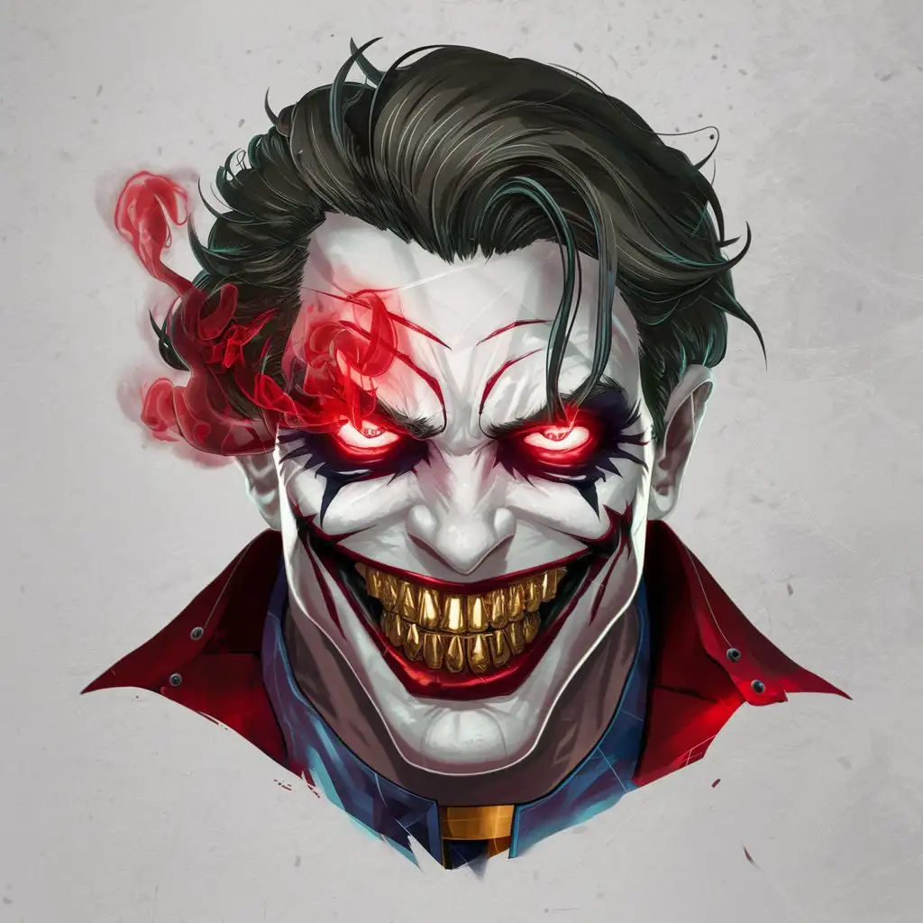 The man who looks like the Joker, his teeth are iron gold, he smiles, his eyes shine red, red smoke comes out of his eyes, his hair style is slicked black hair, his eyebrow is cut, his drawing style is Lague of Legends Arcane. 