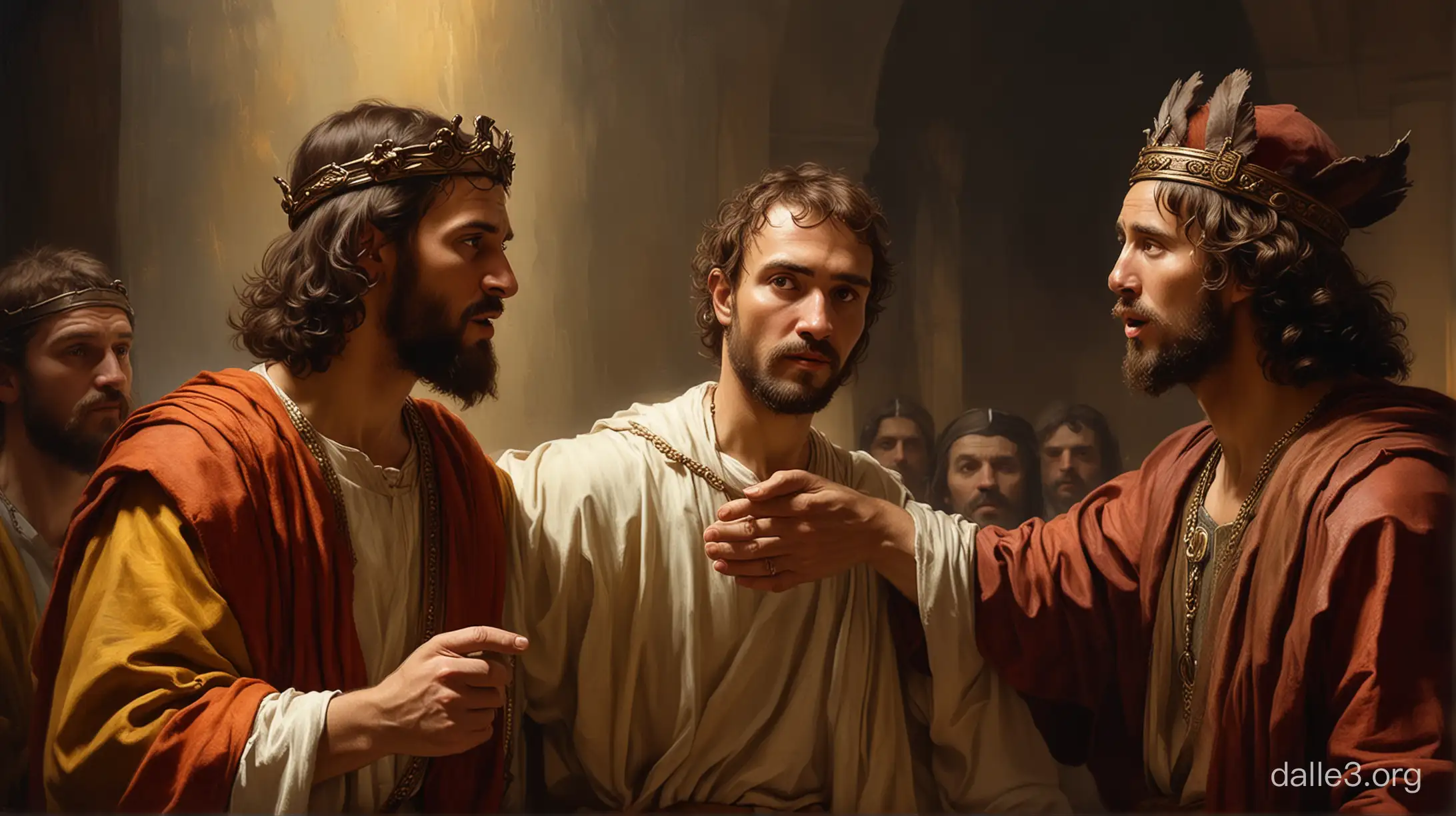 Jesus is talking to Pontius Pilate, in the style of Rembrandt oil painting