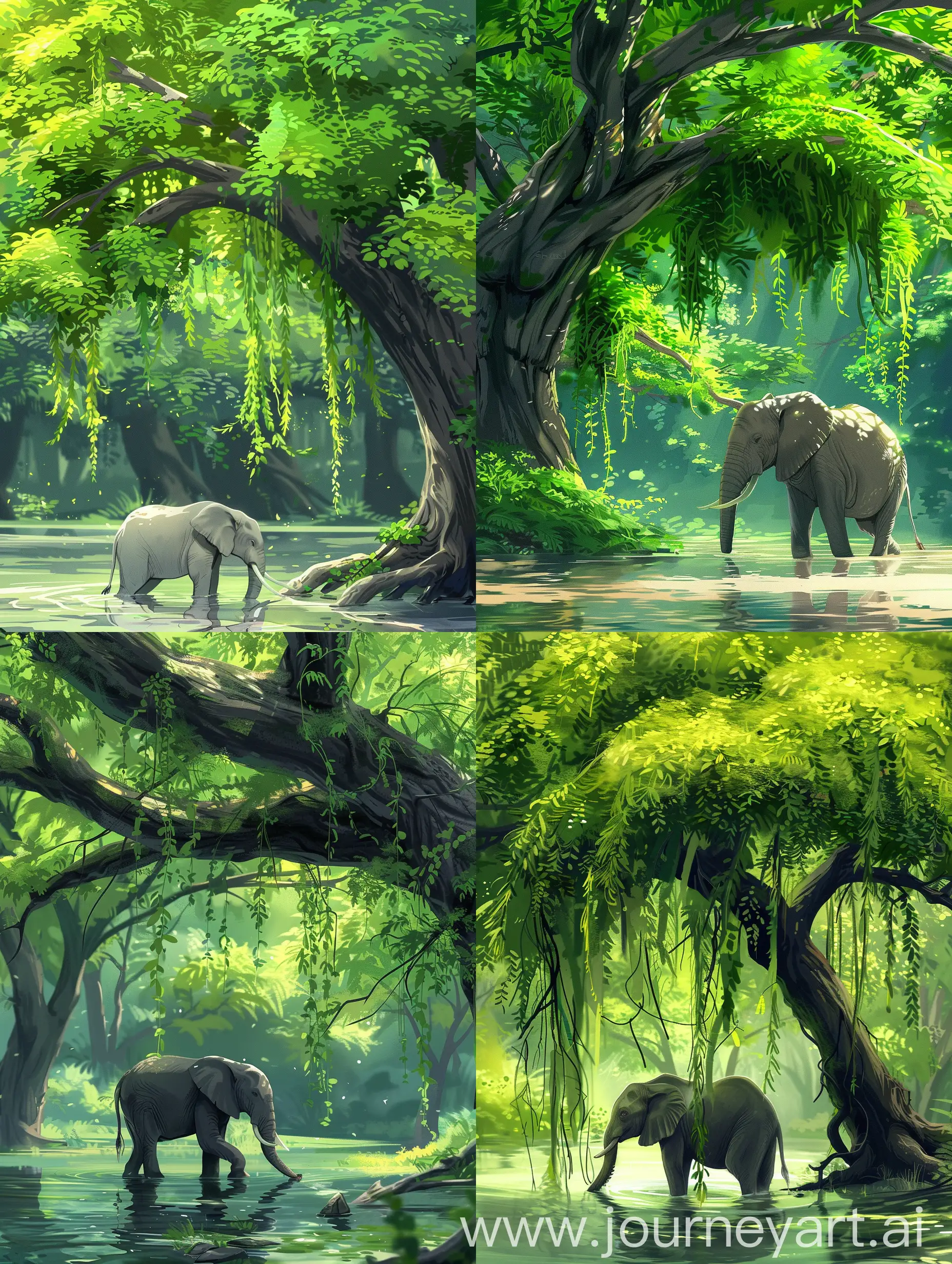 Anime style,realistic but yet its sylized,a serene depiction of an elephant standing in shallow water, surrounded by a lush green landscape. The elephant is the focal point of this tranquil scene, which is enhanced by an overhanging tree with long, draping branches adorned with bright green leaves. The background is filled with various shades of green foliage, contributing to the peaceful and harmonious atmosphere captured in the image. It seems to illustrate the peaceful coexistence of wildlife within their natural habitat.