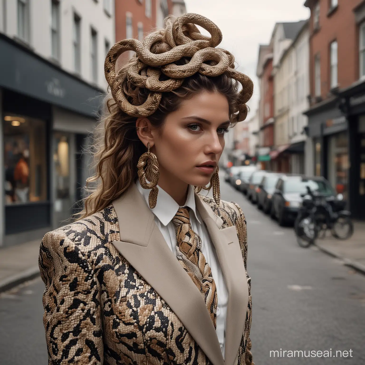1980's cinematic scene, style of vogue fashion shoot, image capturing the entire body, captured by sony alpha a7 III camera, a contemporary woman walks down a street, she wears a feminine suit, her earrings are in the shape of snakes and which are made out of  hair, she casts an empowered gaze 

I am currently in the process of creating a wearable artwork which fuses elements from the Medusa myth, Swedish mourning jewelry made from human hair, and contemporary street safety, as a continuation of my research into escaping the gaze. The artwork takes the form of snakes, woven out of human hair. When worn on the head, they evoke Medusa, offering a talismanic form of protection by recalling her petrifying gaze.

Offering empowerment, personal agency, and the reclamation of public space, the work challenges the male gaze and traditional gender dynamics. I wish for the work to open up for conversation on women's experiences, safety, and autonomy within societal power dynamics.