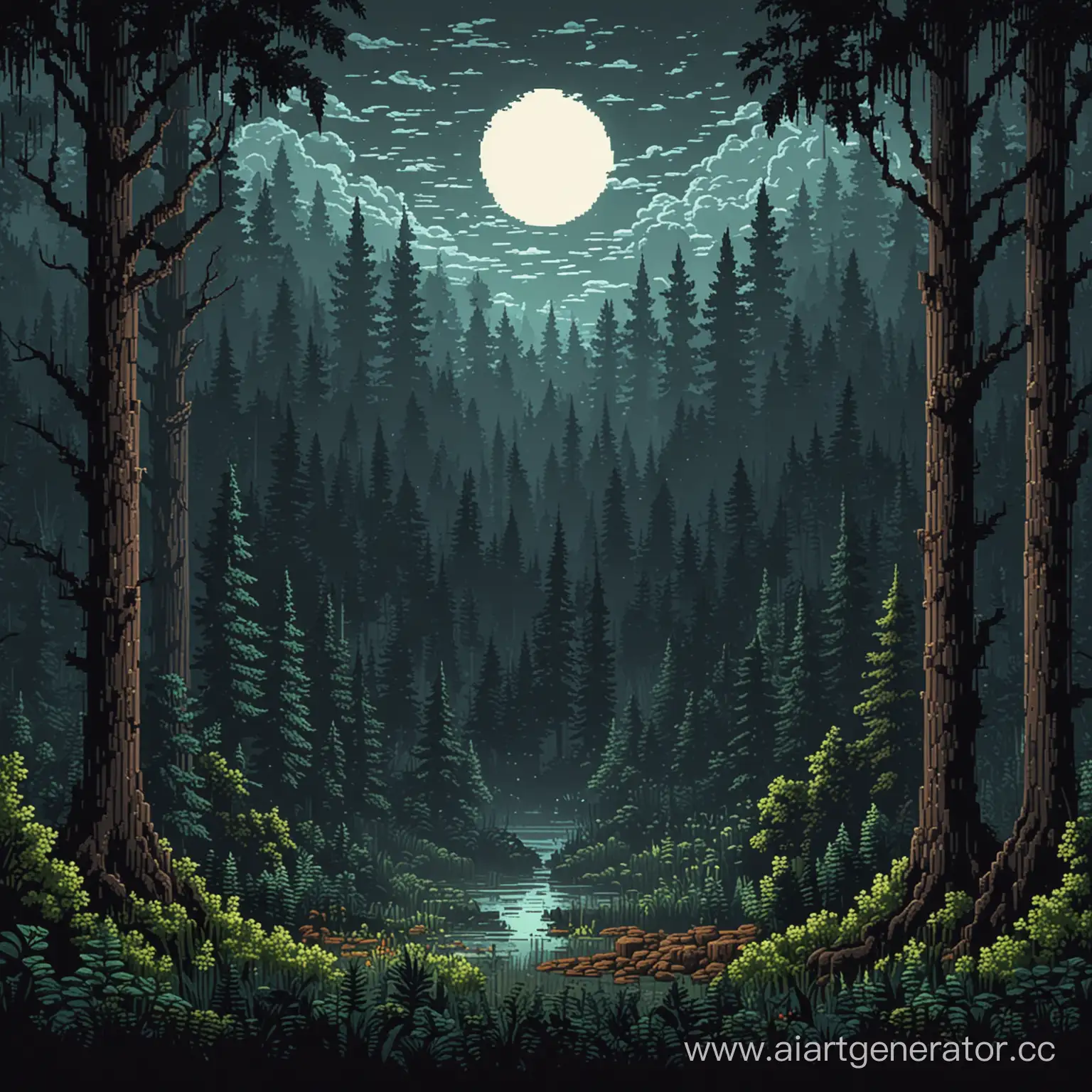 пиксель арт с фоном тёмного леса