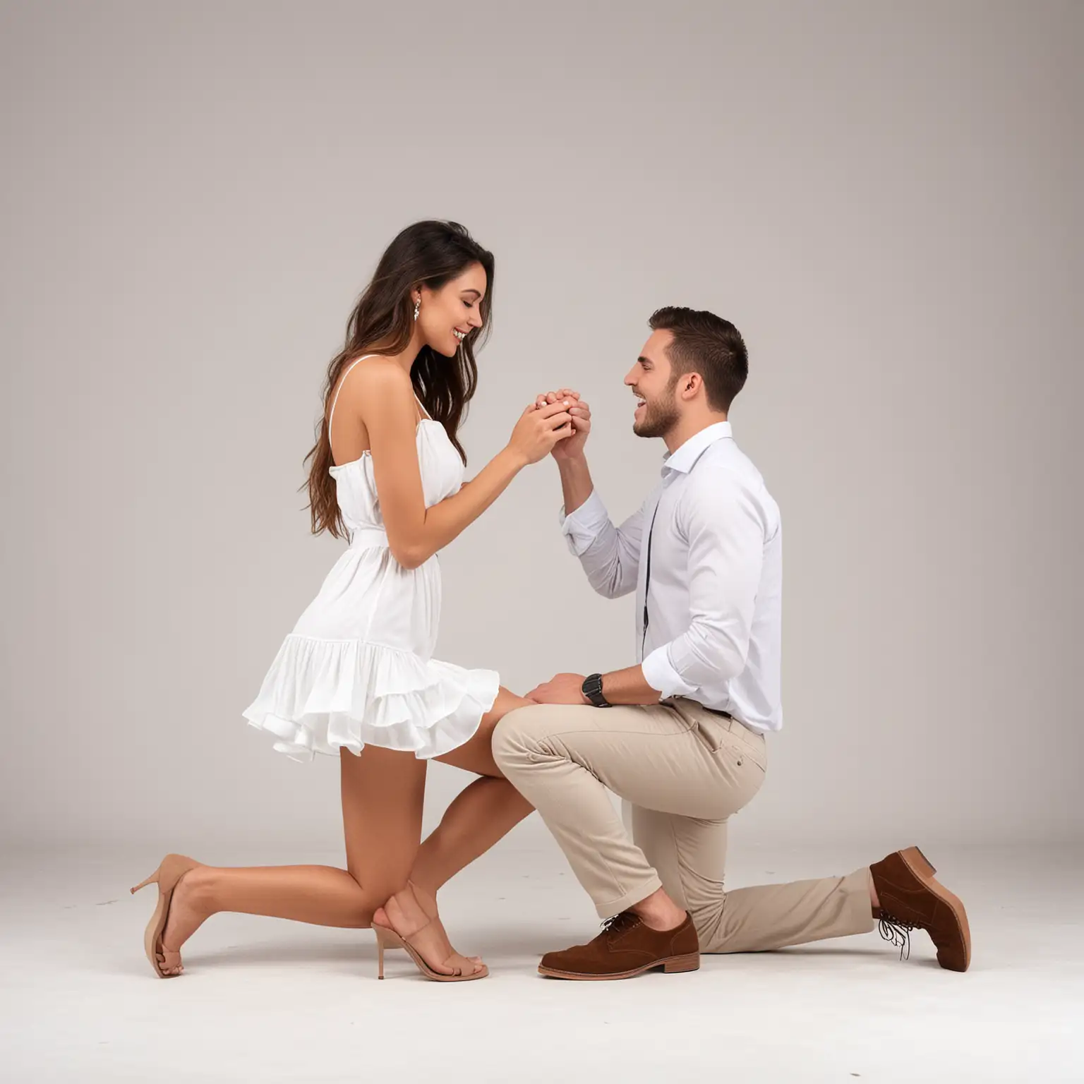 a man on one knee proposing to a beautiful model, white background