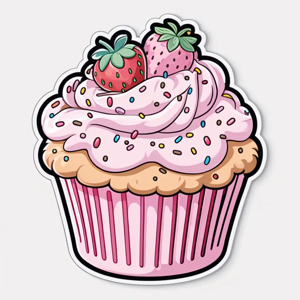 valentine Sticker, strawberry shortcake Delightful Cupcake with Sprinkles valentine,cartoon, contour, 
vector, white background