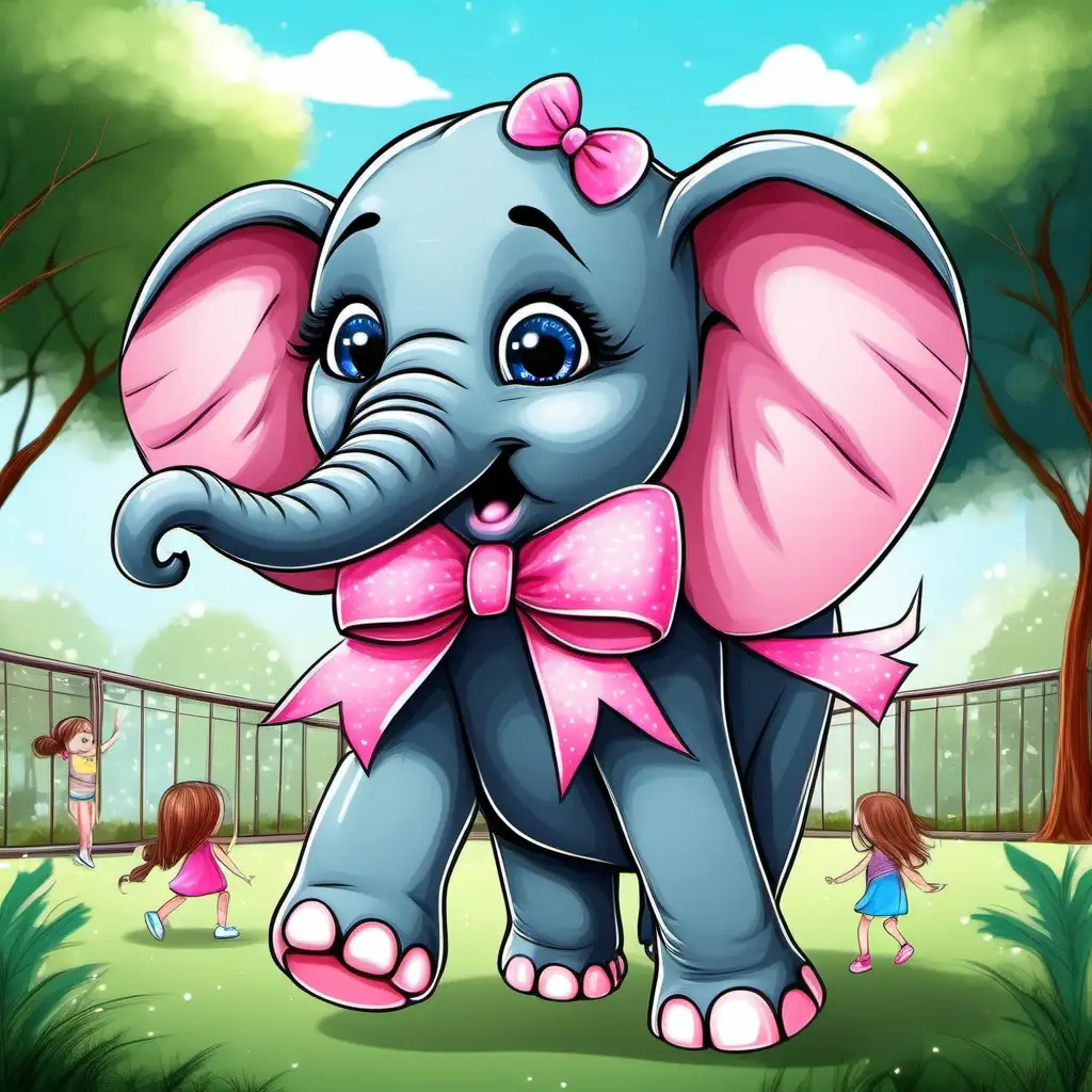 girl elephant with cute big eyes wearing pink blue bow with long hair playing with black and white children together in the park
