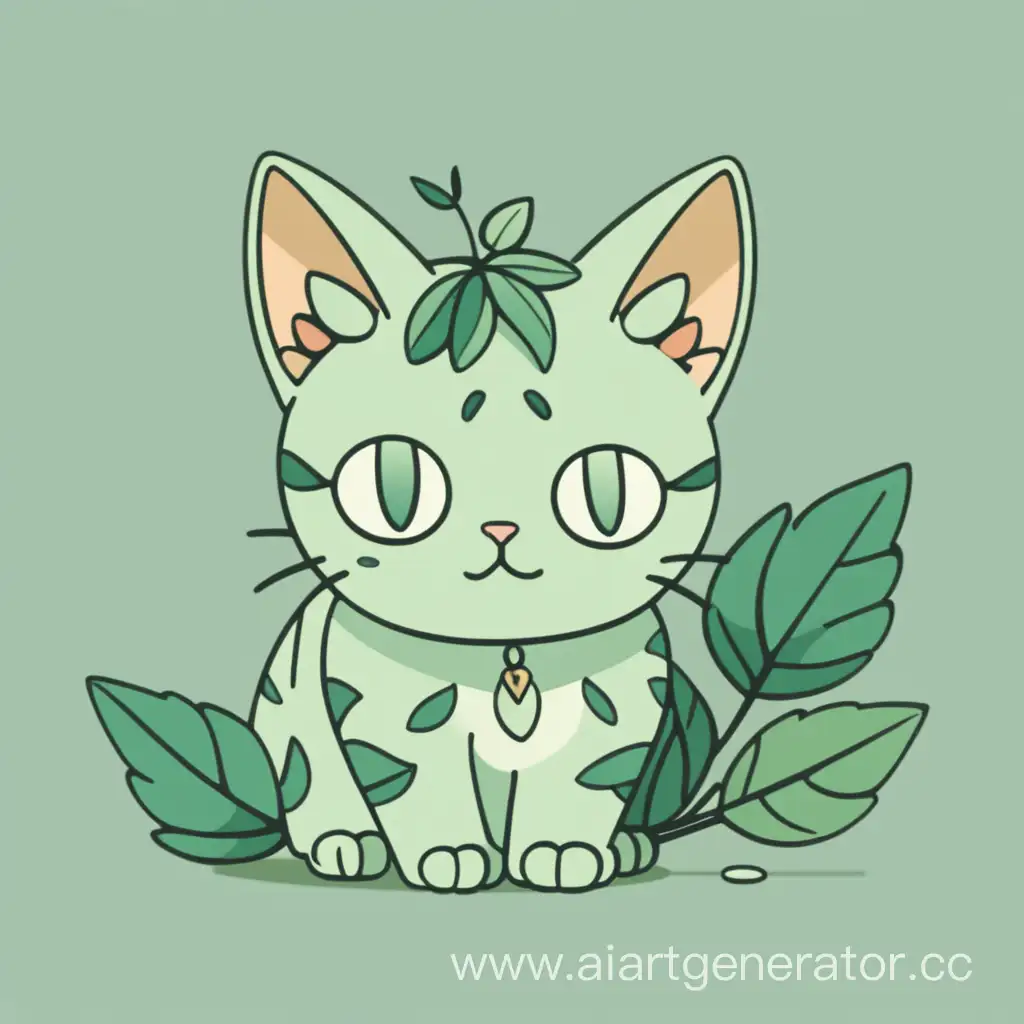 a green cat with two leaves on its head