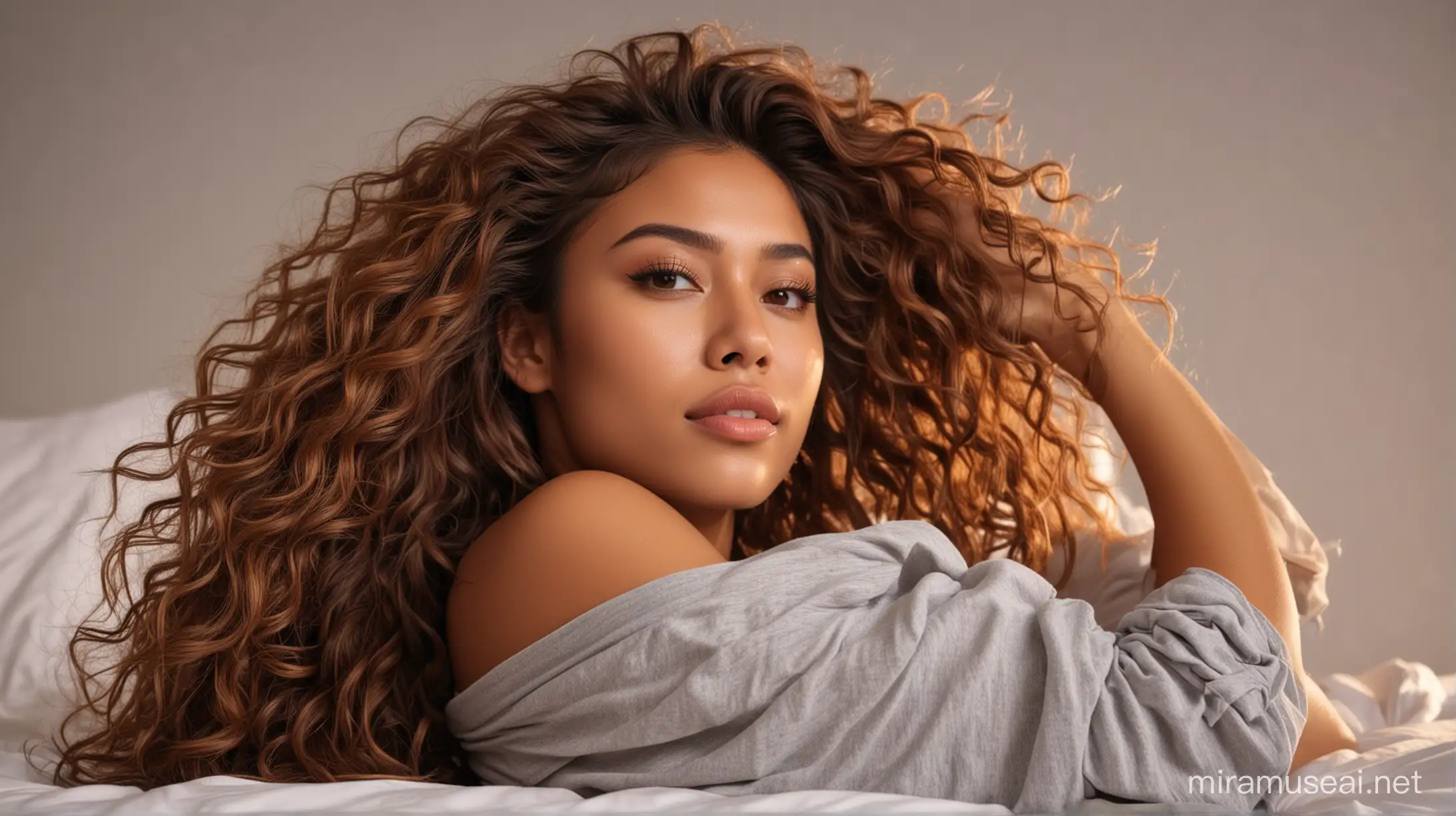a closeup shot, sunset, Beautiful Malay female, beautiful in bed stretching and wearing oversized off the shoulder tshirt, lying on her back, on the bed, with messy curl hair, in the late evening, realistic,