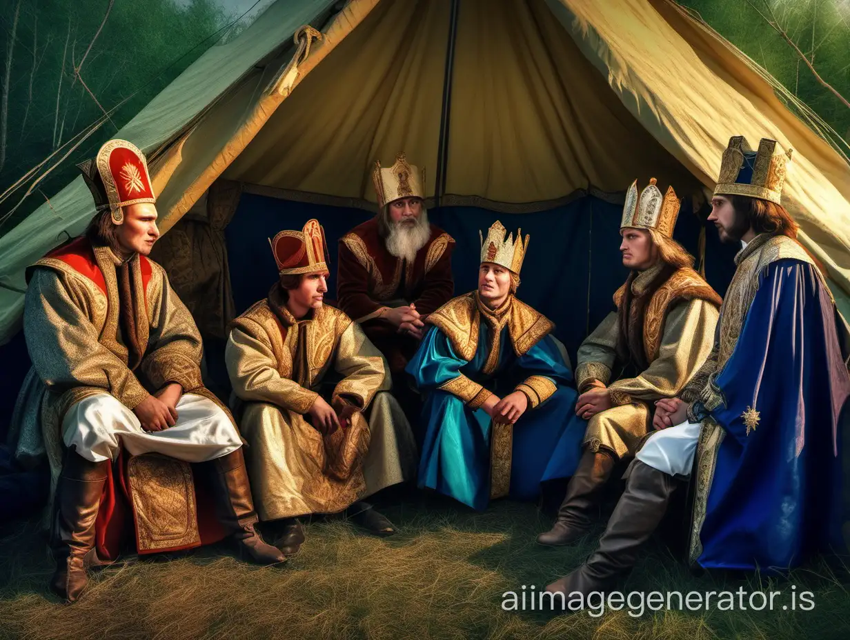 Vladimir Monomakh sits in the field in a tent with other princes and talks about life. The princes are dressed in princely hats. It's the atmosphere of Ancient Rus, a picture like in a history textbook, a vivid image, 16K HDR, well-drawn.