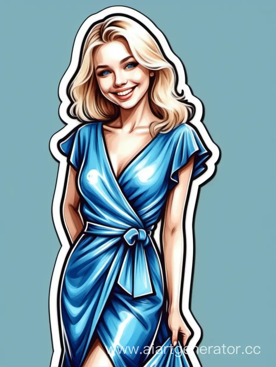 модная гламурная девушка блондинка легкая улыбка в синем платье стиль рисунок  стикер