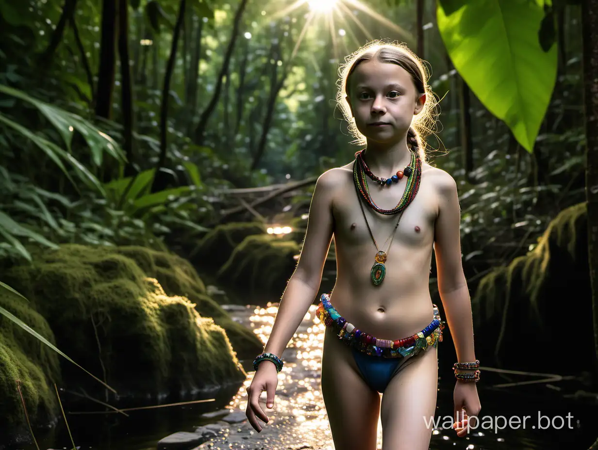 Грета Тунберг девочка нудист 11 лет, идёт в джунглях по берегу озера, на ней надето ожерелье, браслеты, серьги, ободок драгоценности, ярко светят лучи солнца