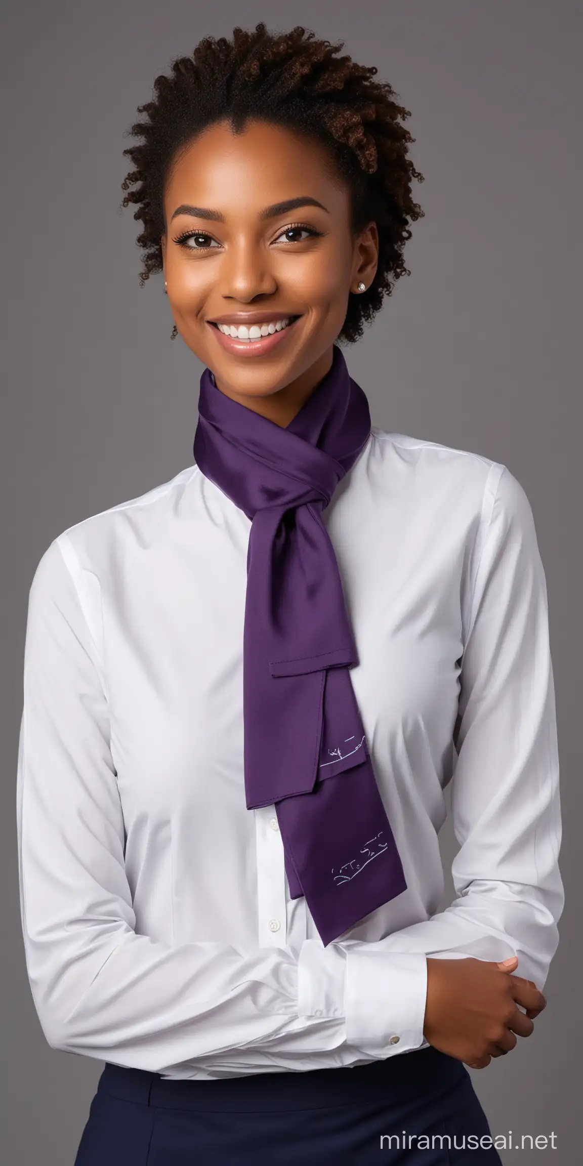 Smiling Black Woman Event Staffer in Modern Uniform White Shirt with Dark Purple Muffler
