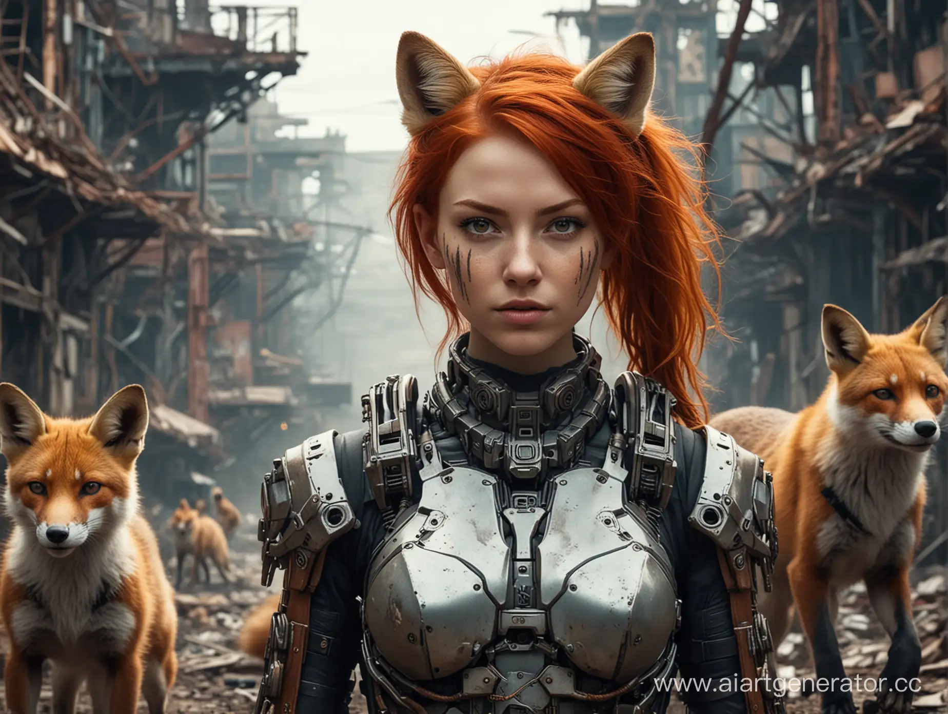 RedHaired-Cyborg-Girl-with-Foxes-in-PostApocalyptic-Setting