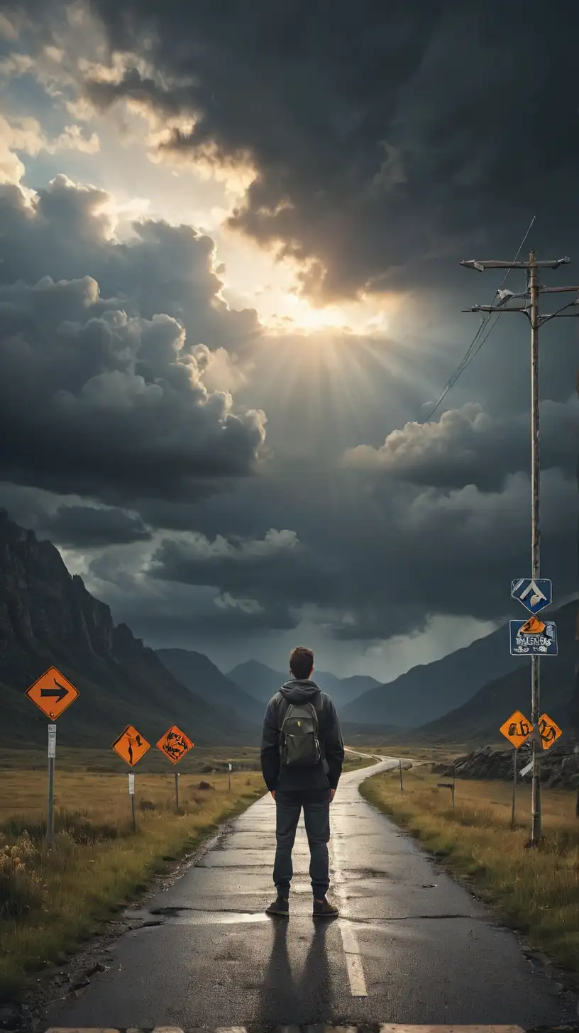 
1. **Visual Elements:**
   - A dark, stormy sky symbolizing challenges and difficulties.
   - A person standing at a crossroad, representing decision-making and choices.
   - Various road signs with arrows pointing in different directions, indicating options and paths in life.
   - A mountain in the background, symbolizing obstacles and hurdles to overcome.
   - A broken bridge or gap, signifying barriers and setbacks.
   - A sunrise or dawn breaking through the clouds, symbolizing hope and resilience.

2. **Composition:**
   - The person is shown contemplating, with a thoughtful expression, symbolizing introspection and contemplation in the face of problems.
   - The stormy sky and obstacles are contrasted with the hopeful elements like the sunrise, representing the dual nature of challenges and opportunities in life.
   - The composition should evoke a sense of struggle, determination, and the possibility of growth despite difficulties.

3. **Color Palette:**
   - Dark shades for the stormy sky and obstacles, conveying the seriousness of challenges.
   - Brighter colors for elements like the sunrise and hopeful symbols, creating a contrast and highlighting the theme of resilience and optimism.

4. **Caption or Text Overlay:**
   - A caption like "Navigating Life's Challenges" or "Finding Strength in Adversity" can complement the image and reinforce its message.
   - Quotes or phrases related to perseverance, growth, and overcoming obstacles can also be included to add depth to the visual narrative.

Overall, the image details should effectively convey the theme of facing problems in life, making choices, overcoming obstacles, and finding hope and resilience amidst adversity.