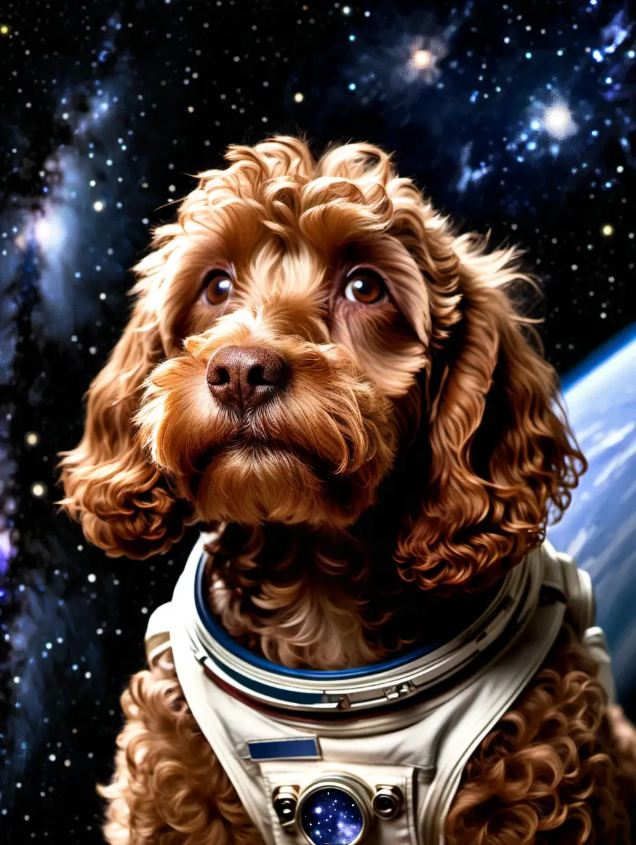 brown cockapoo in space looking into the universe 