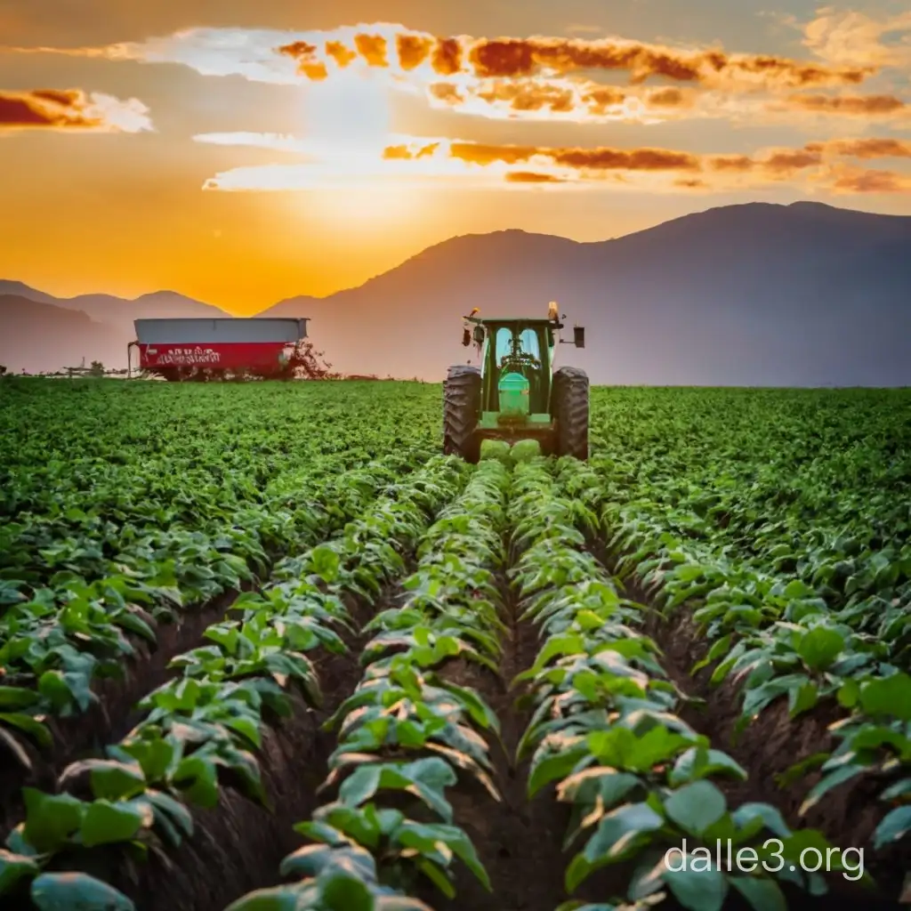 A potato fild, in the background mountains, sunset, a tractor and a man  in the fild golden hour