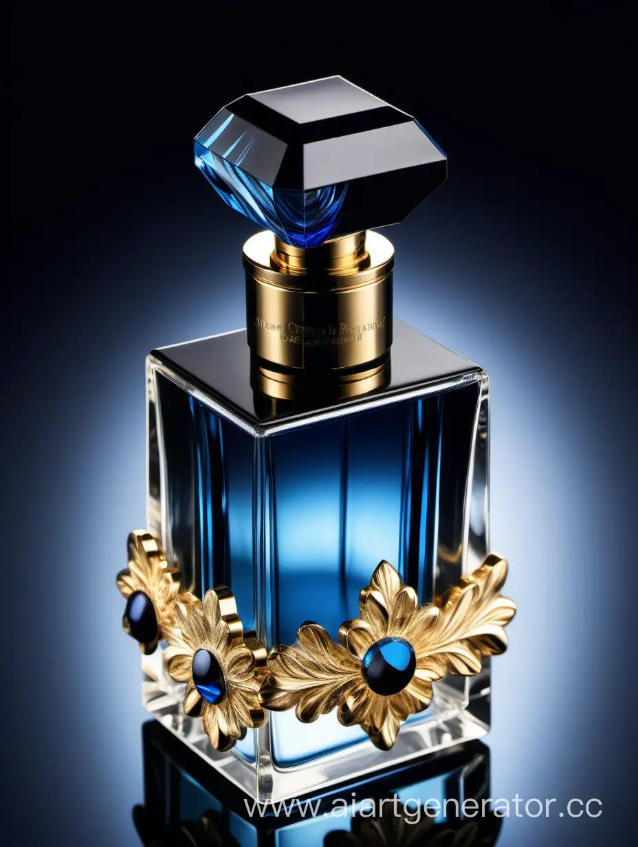 a crystal clear perfume bottle made of blue ,black and gold
transparent