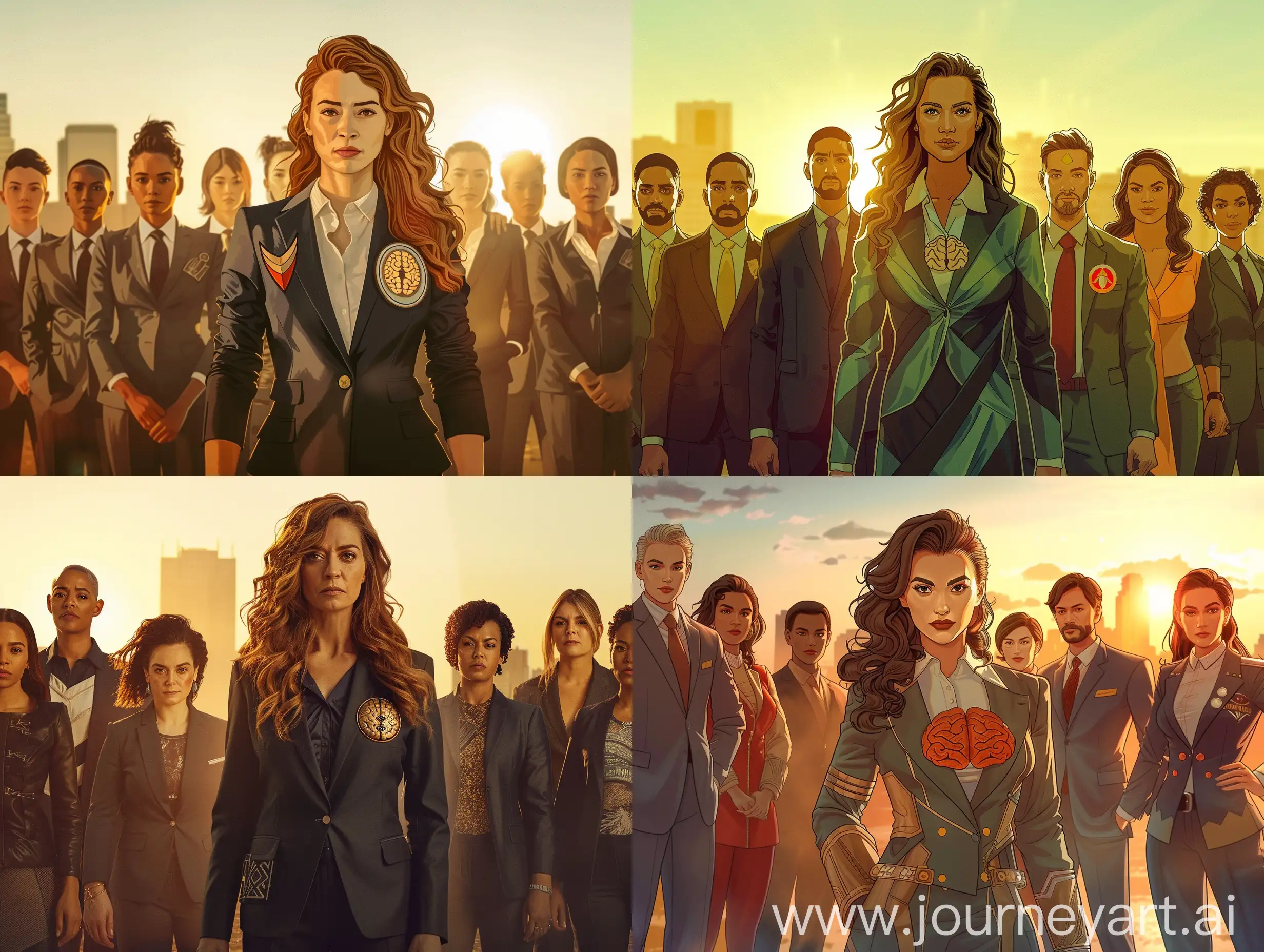 Subject: The focal point of the image is Clara, a woman leader 50 years old, wavy hair parted on the right, standing as a symbol of strength and leadership. Her presence serves as the central theme, capturing attention and conveying a sense of empowerment. The diverse other 9 women and 4 men form a united front around her, emphasizing the theme of inclusivity and cooperation in the face of challenges.
Background/Setting: The scene unfolds against a backdrop of a city skyline in the distance light in the buildings and a beautiful clear sky with sunset shades.
Items/Costume: Clara is wearing a warrior or superhero type of clothes with a brain symbol and a heart symbol on her chest. The others are wearing business suits with some warrior elements and accessories that allude to the four elements – wood, fire, earth and steel.  
Appearance: Clara exudes confidence yet empathy and determination, her facial expressions and posture conveying a sense of purpose and leadership. The other women and men showcase a range of appearances, emphasizing the multicultural aspect of the gathering.
