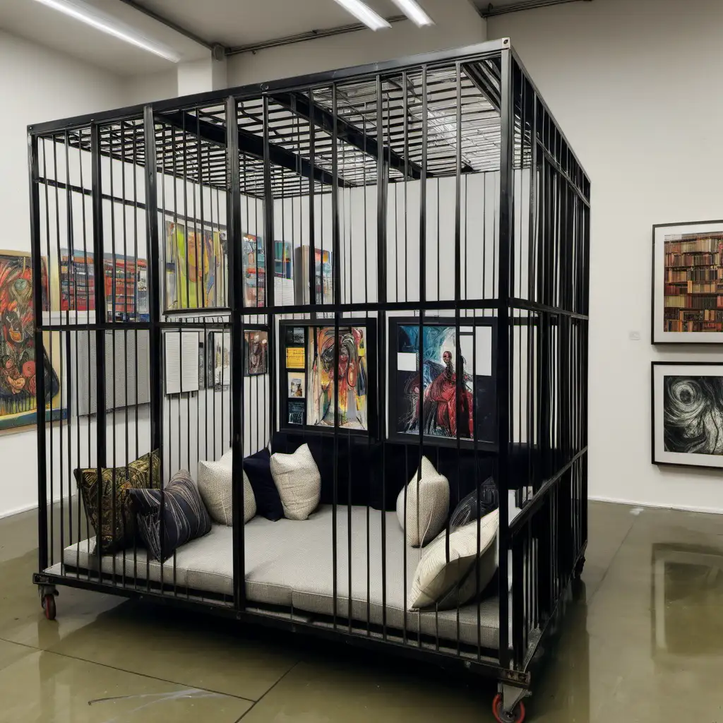A very large metal cage with cushions and books and art 