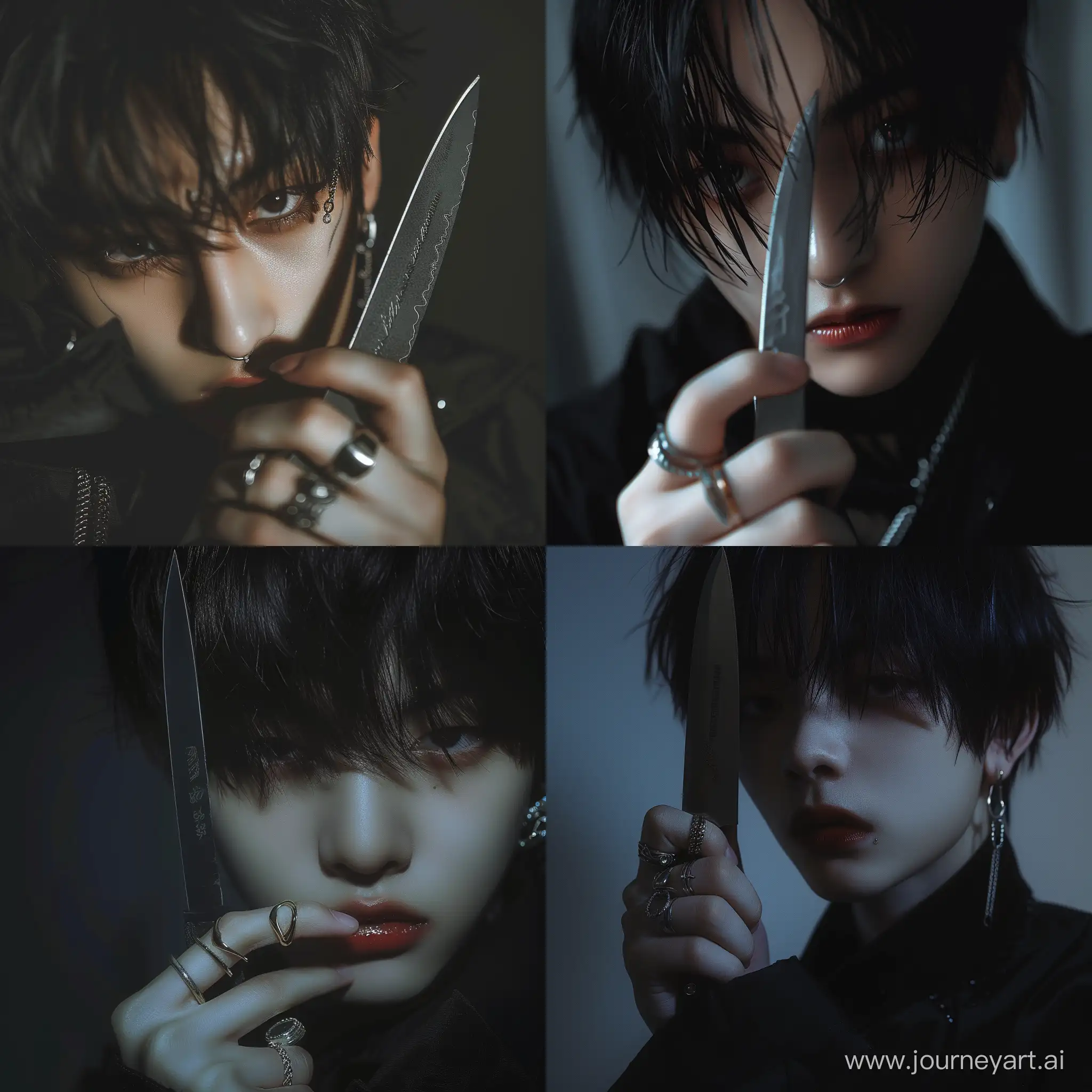 a 18 years old, boy, holding a knife, having no expression, black hair, aesthetic, brown eyes, closer to camera, black outfit, rings, teenager, dark background, holding the knife up next to his face