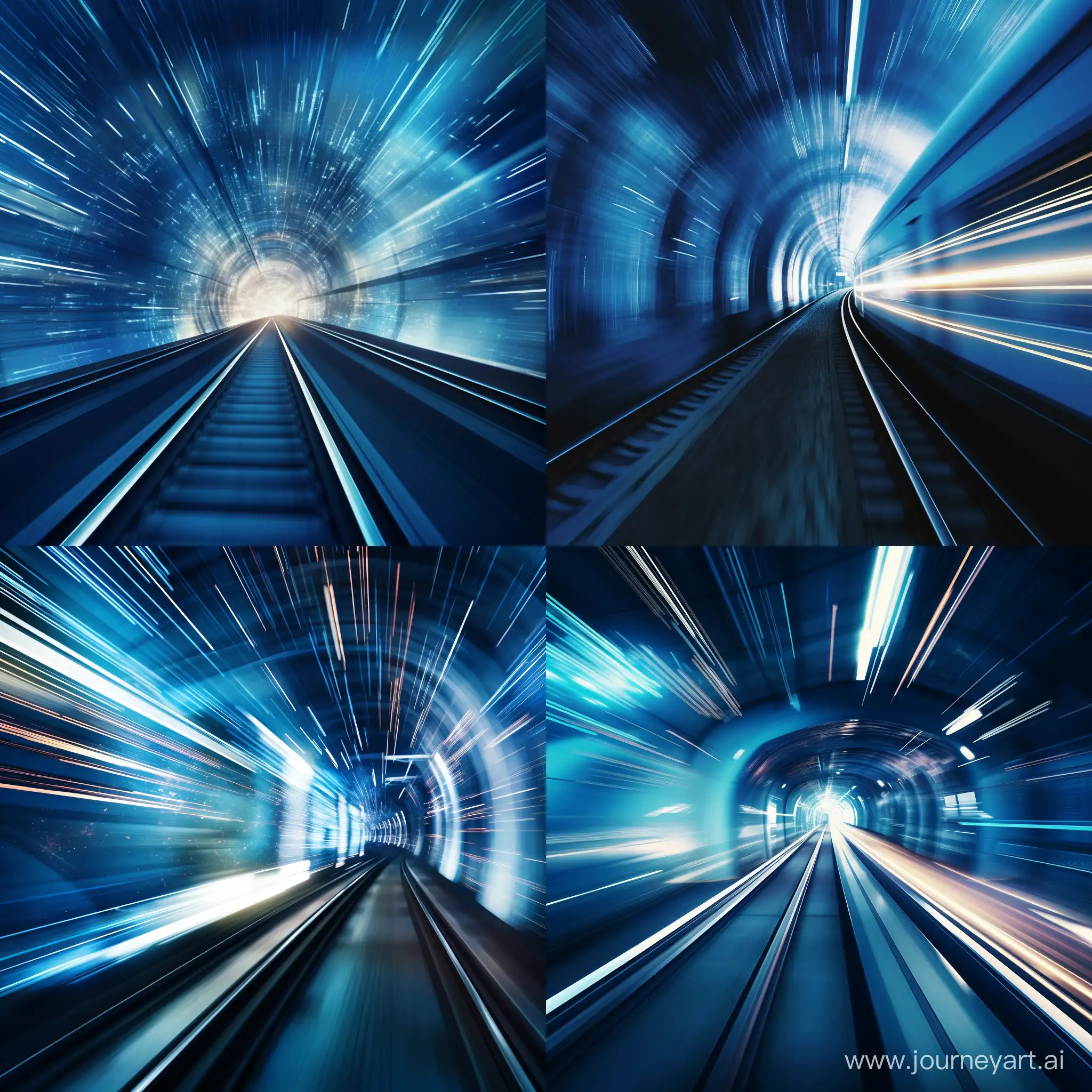 Размытый от огромной скорости поезд въезжает в мерцающий синим светом тоннель.