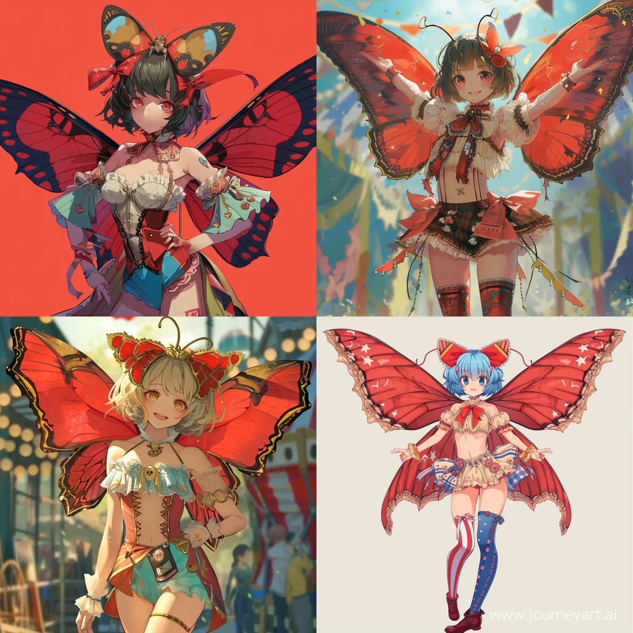 Half human half moth girl with red wings in circus clothes in anime style