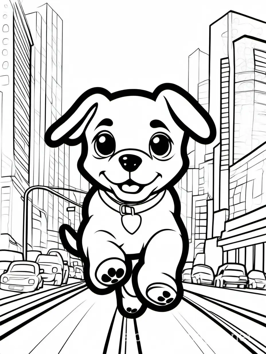 puppy ru running in traffic. white background in png form, Coloring Page, black and white, line art, white background, Simplicity, Ample White Space. The background of the coloring page is plain white to make it easy for young children to color within the lines. The outlines of all the subjects are easy to distinguish, making it simple for kids to color without too much difficulty