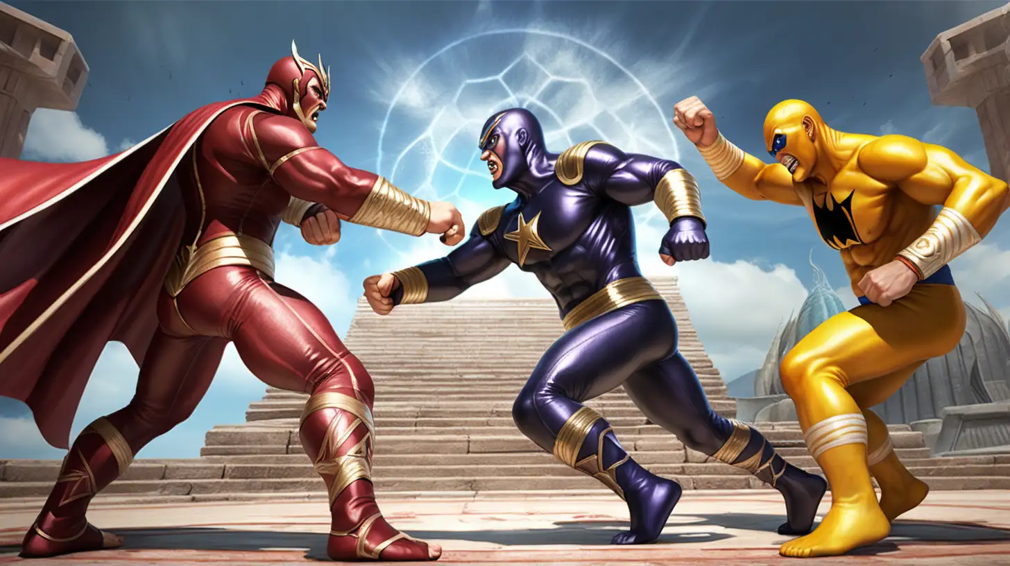 Epic Superhero vs Supervillain Showdown in Temple Arena