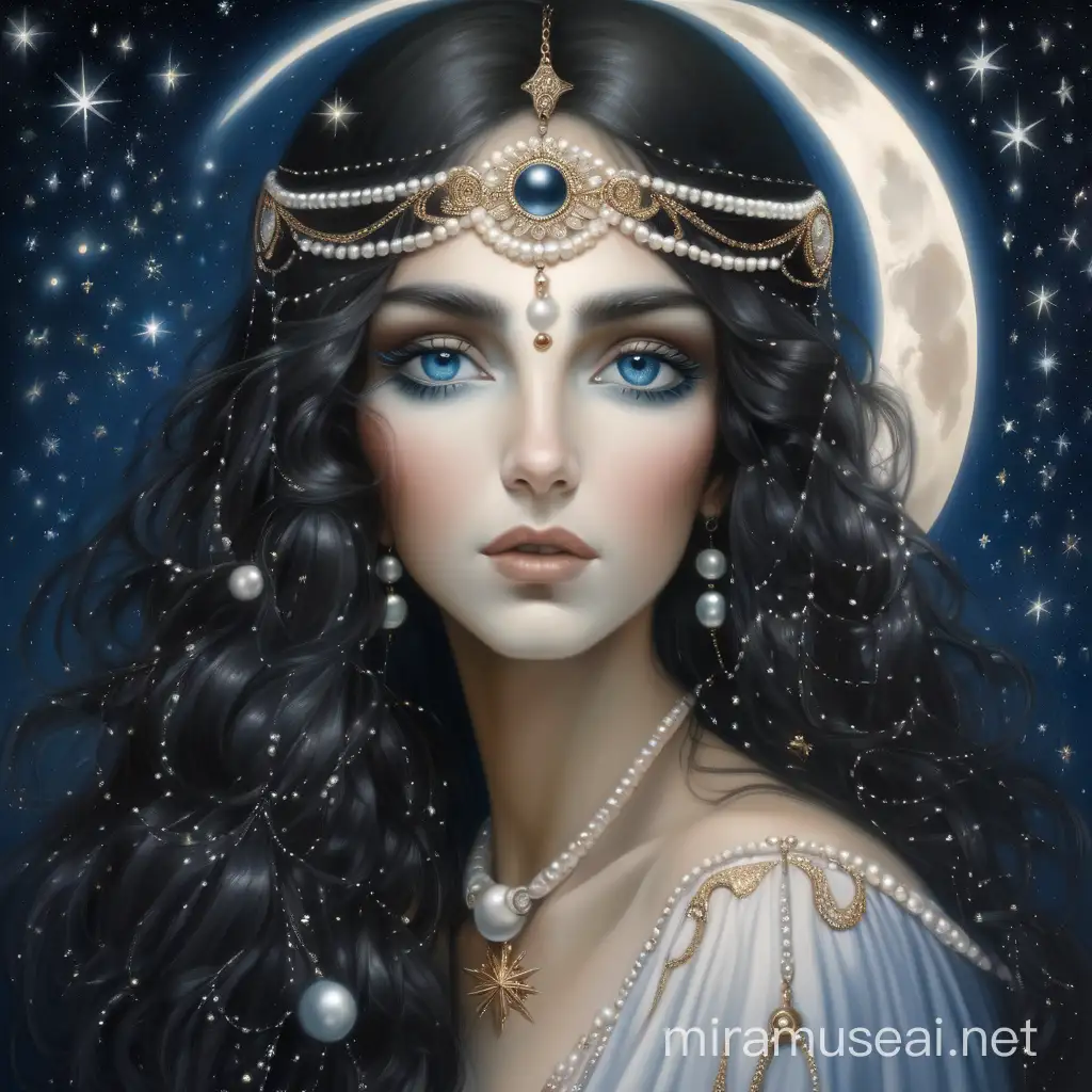 Beautiful godess brunette woman with dark blue eyes covered in pearl with moon and stars around her. Soft and with love, motherly
