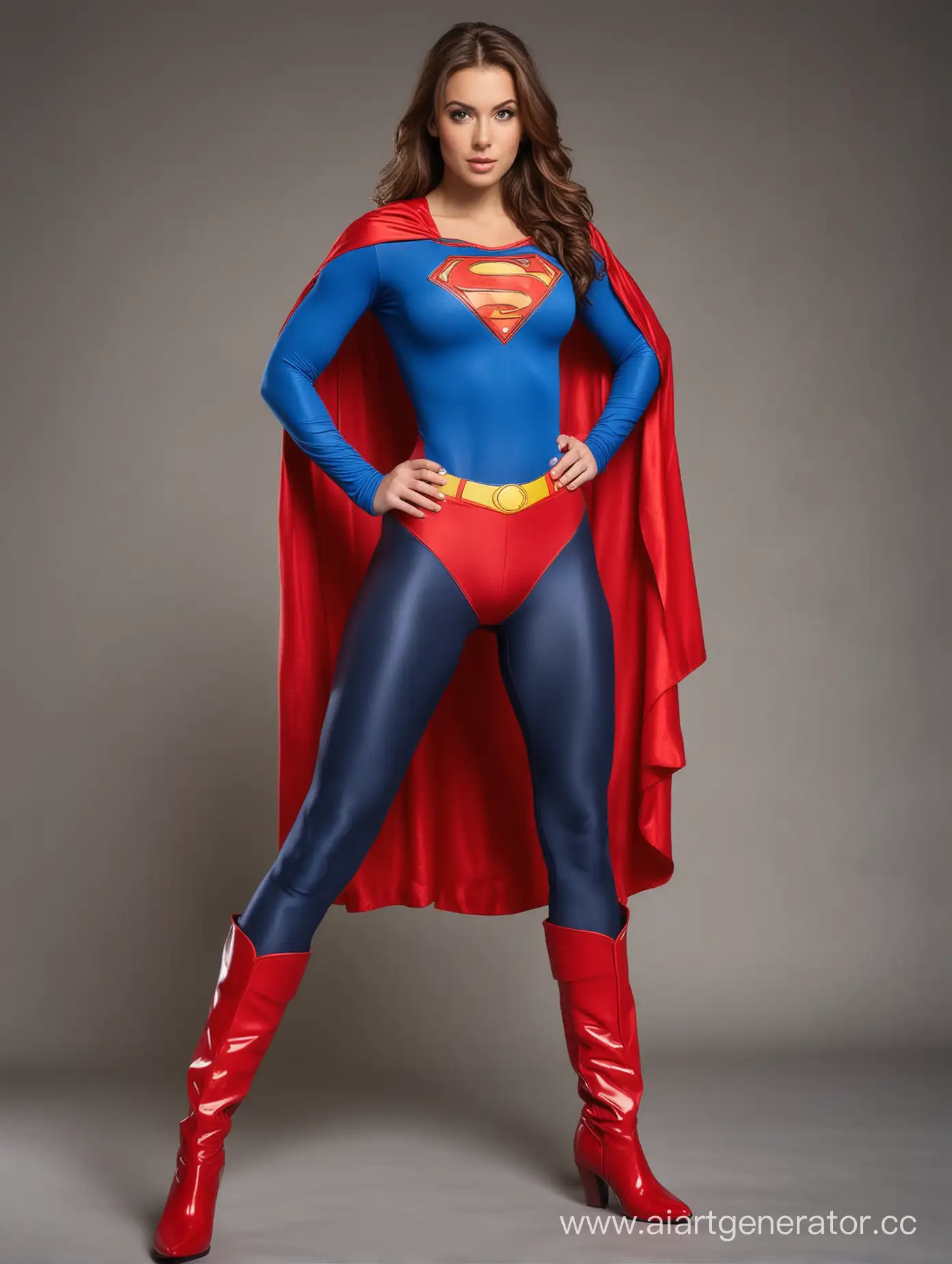 A beautiful woman with brown hair, age 19 she is confident and heroic, her body is very muscular, she is wearing the classic Superman costume with blue spandex leggings, red briefs, red boots, red flowing cape