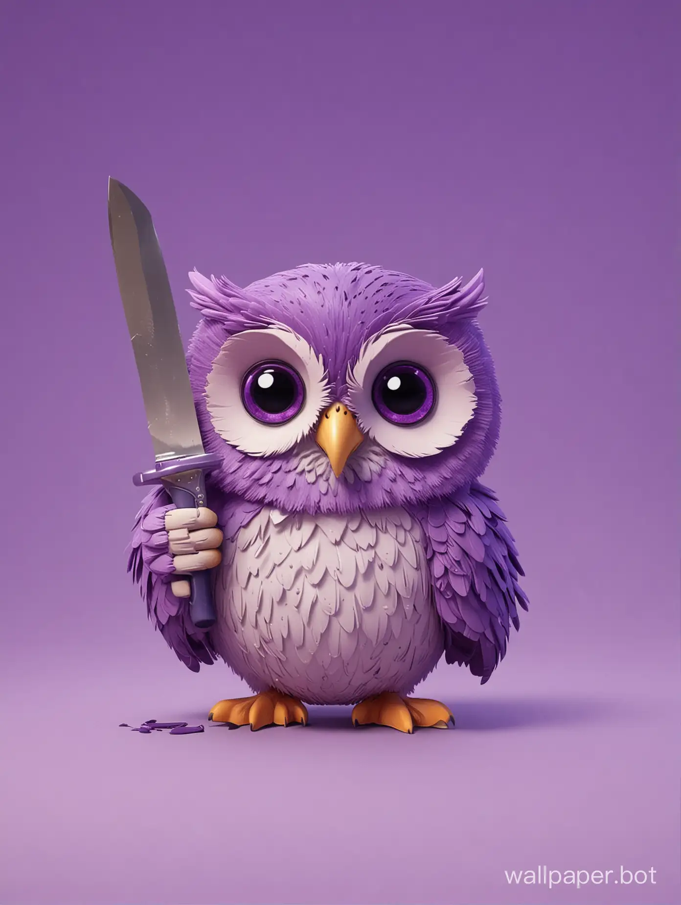 a cartoon small owl; holding knife; cuts video pipeline; background is purple gradient; small video fragments laying around owl's feets; owl less than 30 percent of wallpaper width